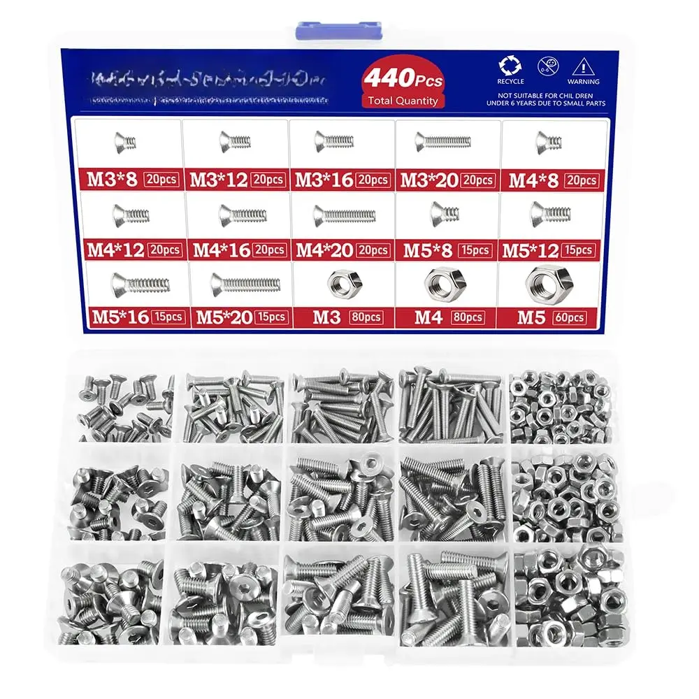 440 count Flat Hex Socket  Cap Screws Kit 304 Stainless Steel M3 M4 M5 Metric Thread Hexagon Allen  Drive Countersunk Machine  Nuts Standard Fastener Hardware  Kit Set