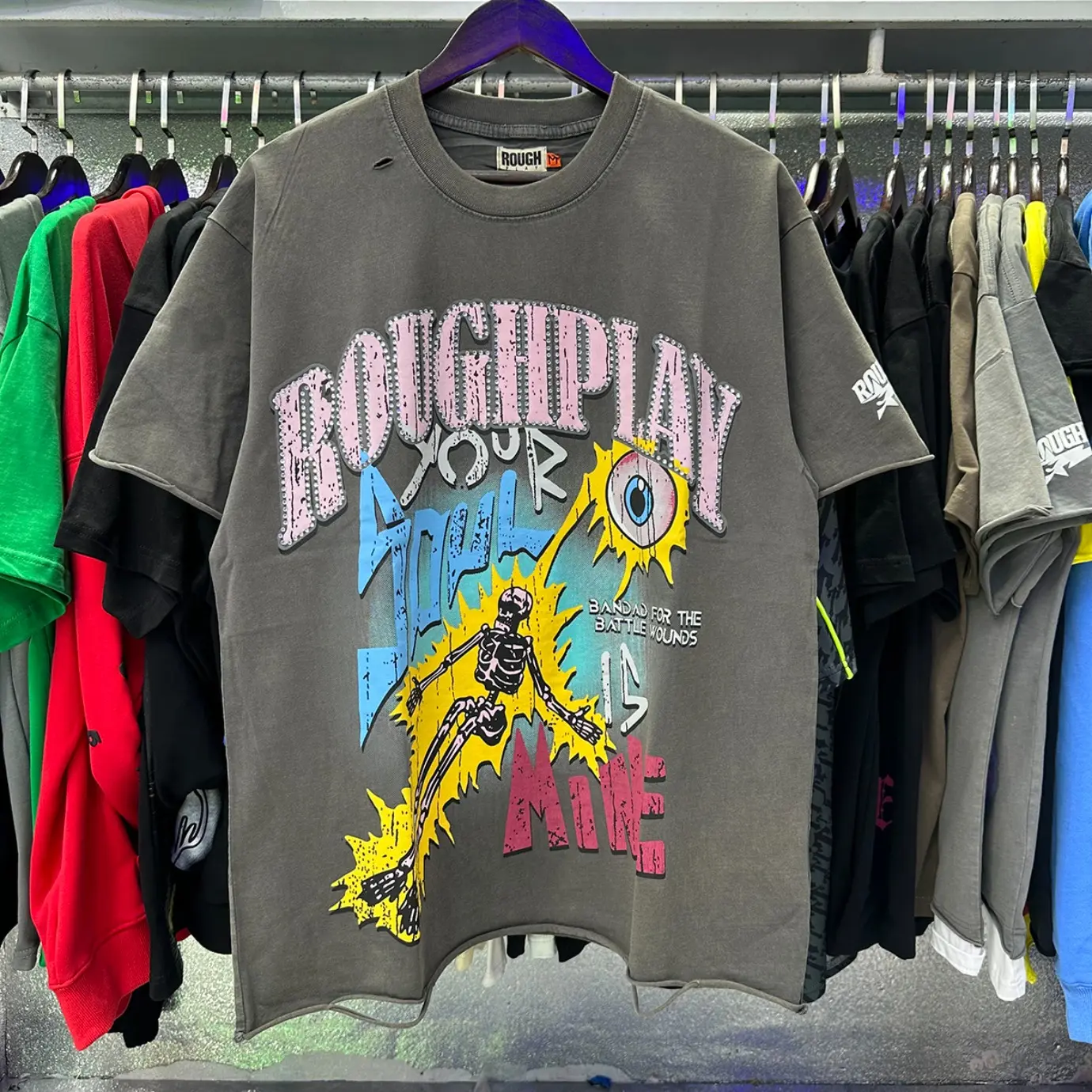 Roughplay Distressed Washed Oversized Men's Graphic T-Shirt, Rhinestone Letter Cartoon Bunny Skeleton Rock Hand Globe Logo Print Cotton Short Sleeve, Y2K Grunge Hip Hop Vintage Streetwear Tee, 2026 Summer Essential, 4th of July Music Festival Unisex Top
