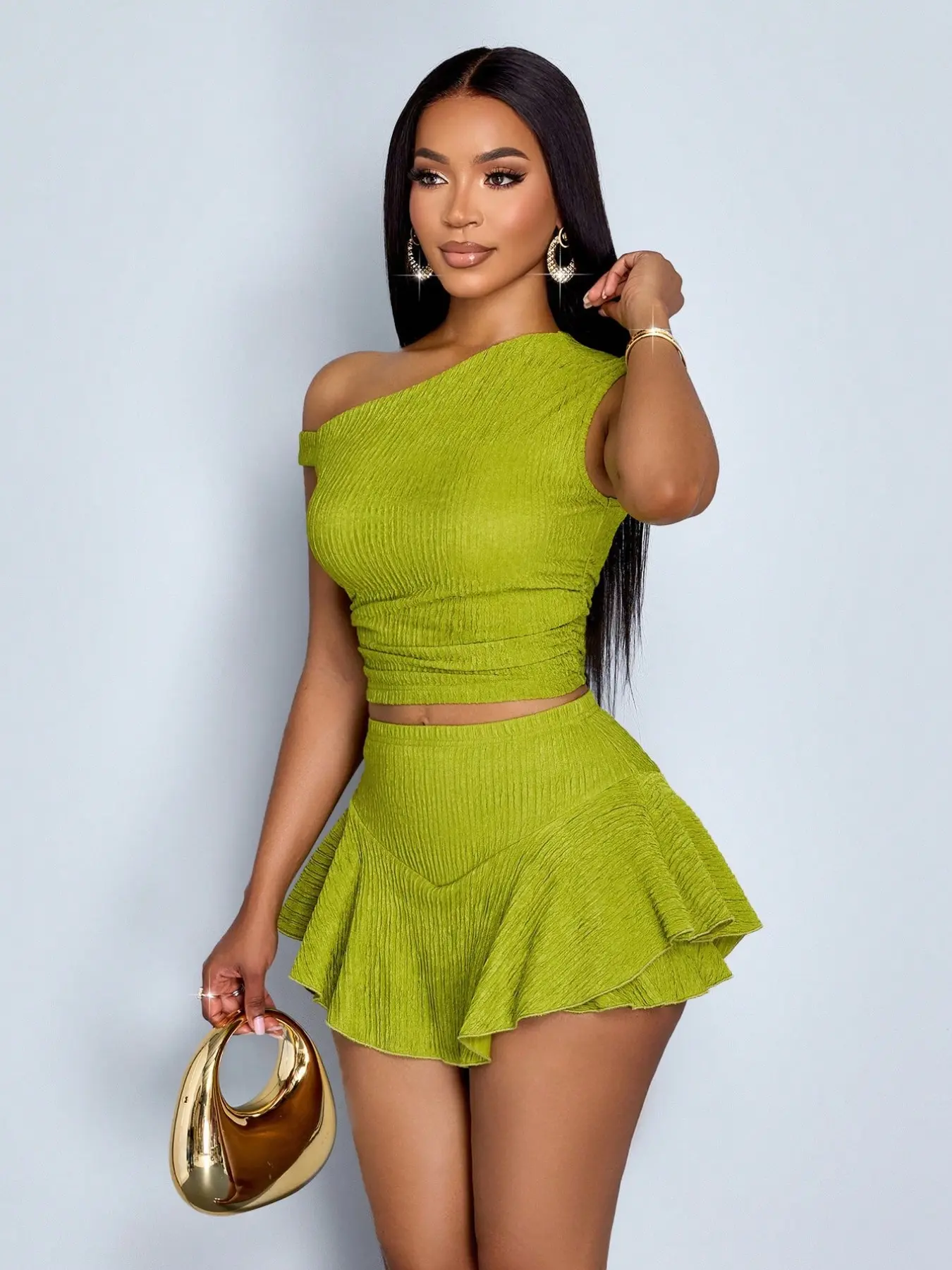 2Pcs Women's Clothes Asymmetrical Cut One-shoulder Crop Top & High Waist Ruffled Flounce Hem Skirt Two-piece Outfit, For Date Night & Casual Outings