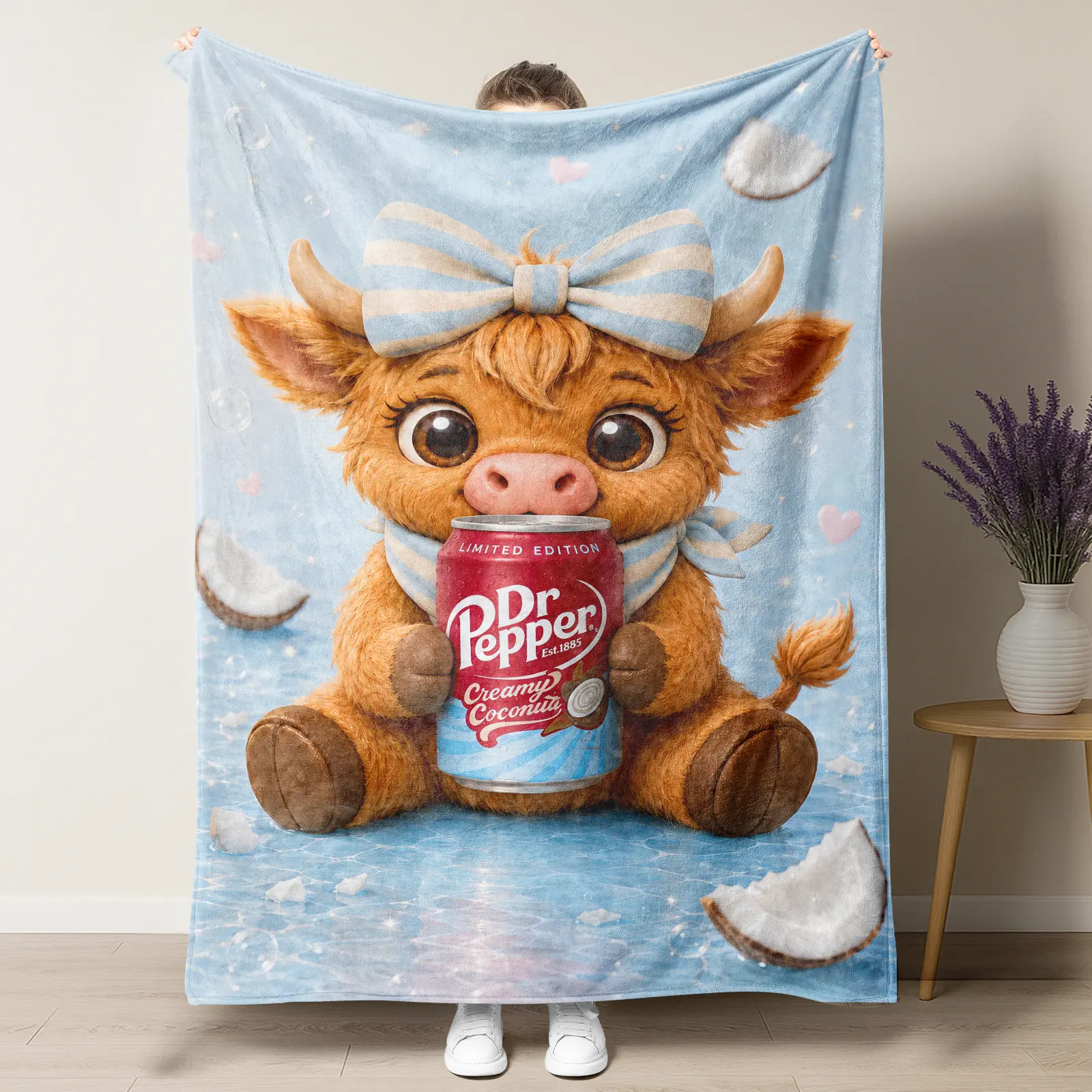Dr Pepper Creamy Coconut Cute Highland Cow Summer Throw Blanket, Coquette Striped Bow Baby Cow Flannel Blanket,Soft Lightweight Farm Animal Soda Print Blanket For Sofa Bed Perfect Gift For Cow & Dr Pepper Lovers Girls Women