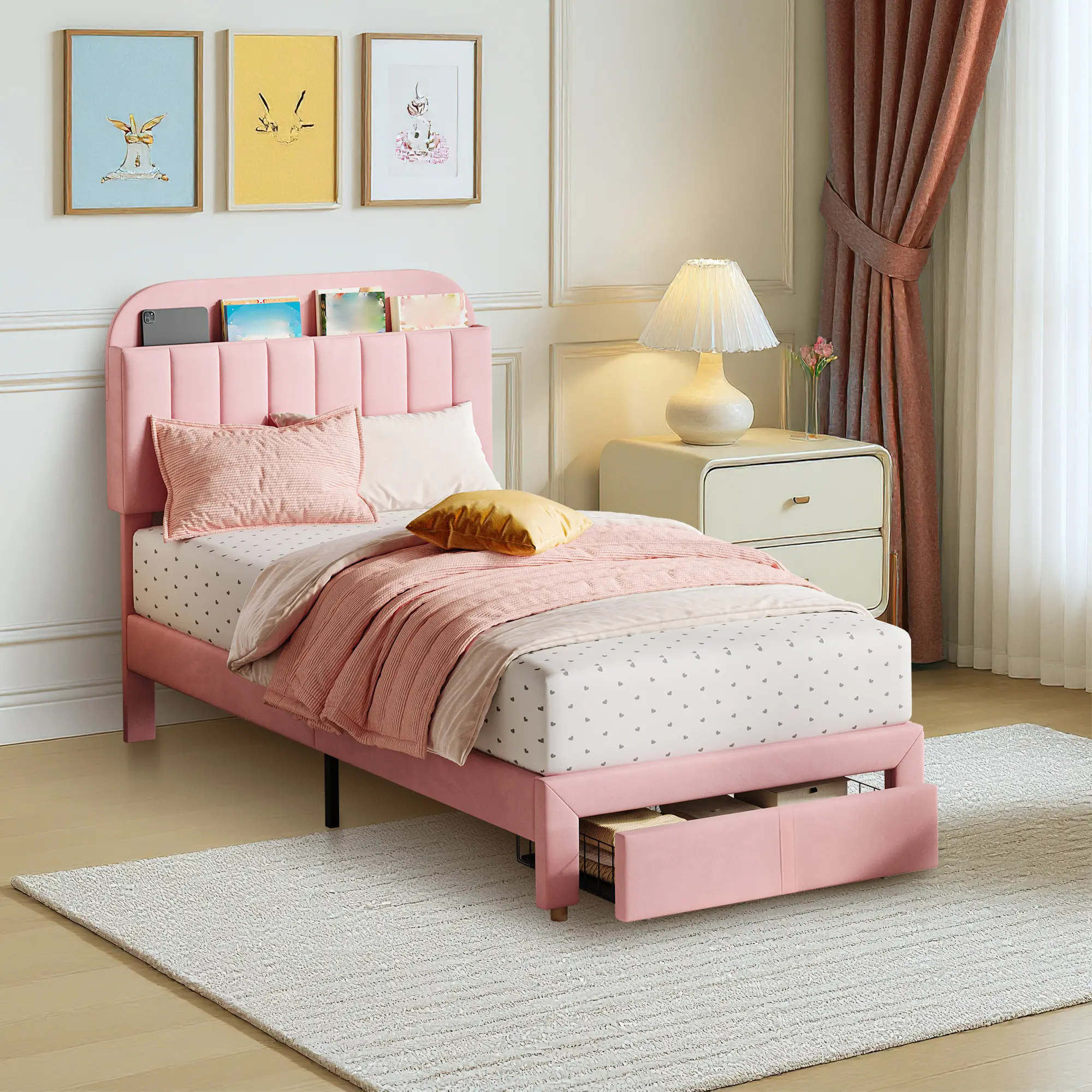 Upholstered Twin Bed Frame for Kids – Storage Drawer & Bookcase Headboard, Noise-Free, Easy Assembly – No Box Spring Needed
