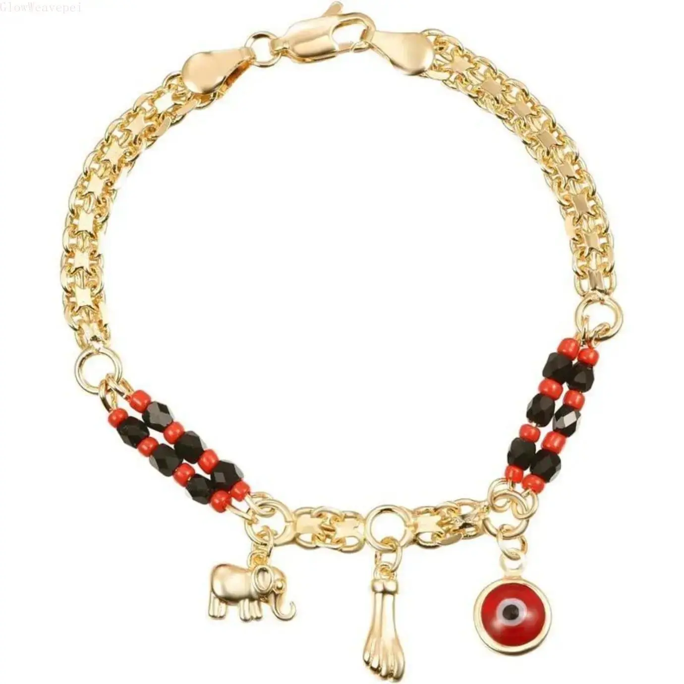 Handmade Evil Eye Charm Bracelet, Gold Plated Chain Link Arm Candy for Women, Spiritual Jewelry with Hamsa & Elephant Pendants, Red & Black Beaded Alloy, 7.5 Inch, Beaded Bracelet, Spirituality