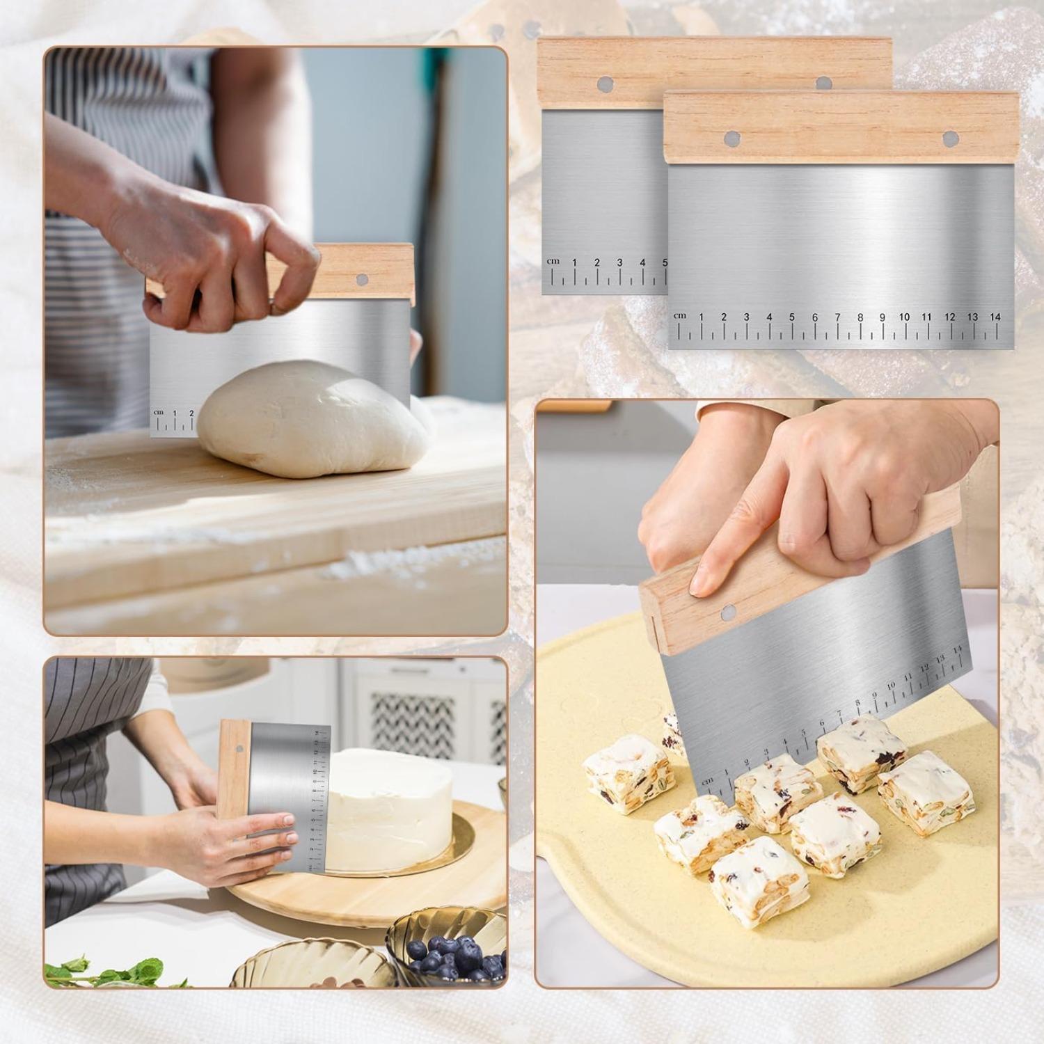 5 Pcs Bench Scraper, Bench scraper kitchen 2 Pcs Stainless Steel Dough Scraper with Wood Handle and 3 Pcs PP Food Scraper with Hanging Hole, Multipurpose Bread Dough Cutter for Baking