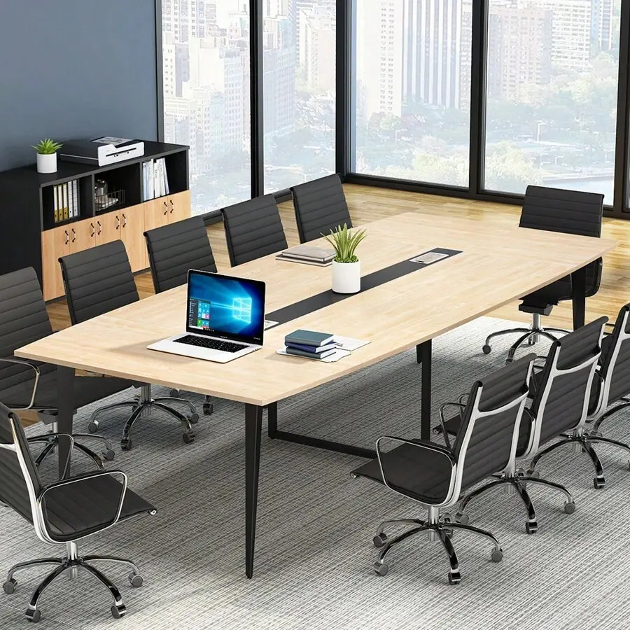 8FT Conference Table, 94.48L X 47.21W X 29.52H Inches Boat Shaped Meeting Table With Rectangle Grommet, Modern Seminar Boardroom Table Office Conference Room (Light Wood Grain, 8ft)