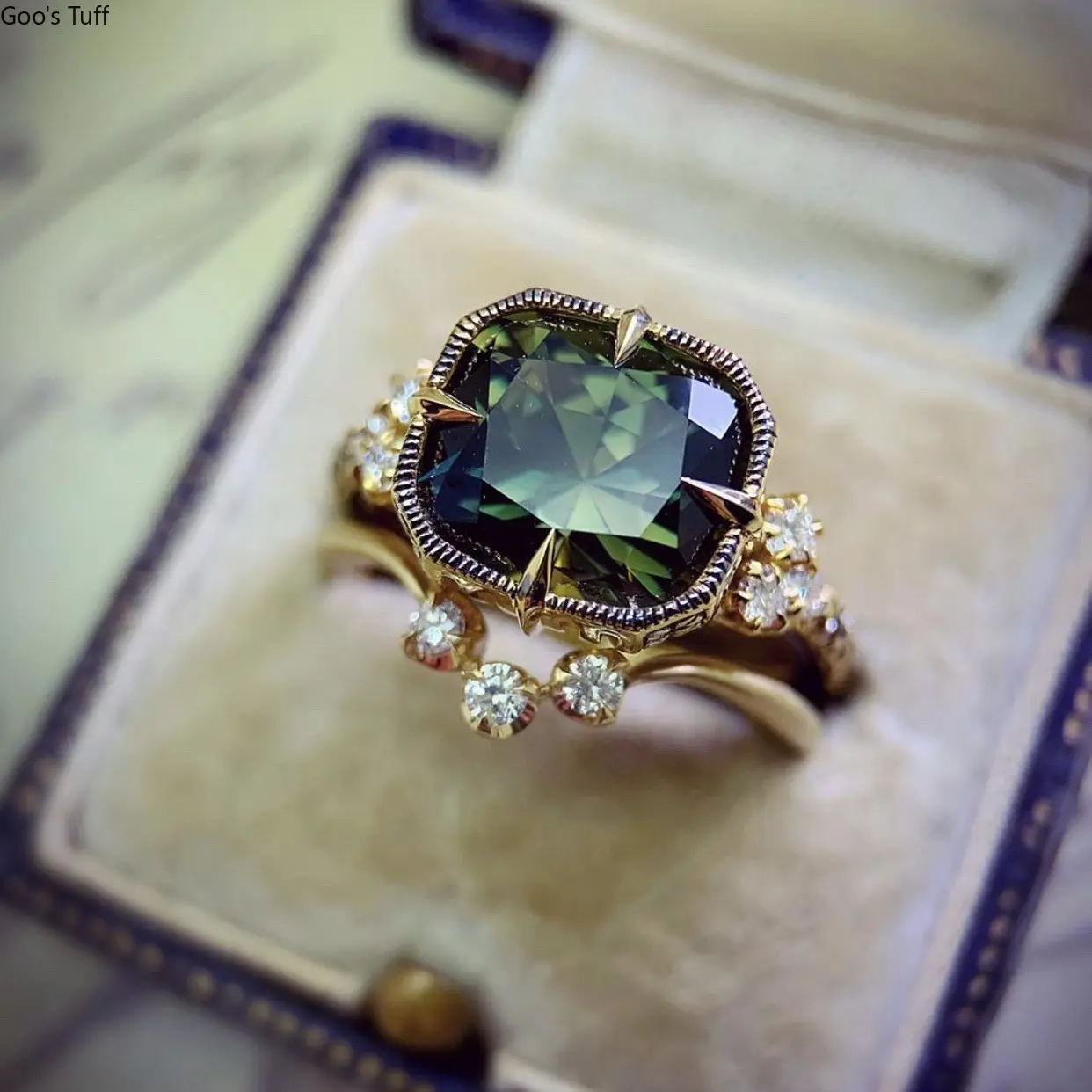 Vintage Green Crystal Ring Set, Gold-Tone Milgrain Halo Rings with Zircon Accents, Bridal Jewelry for Couples, Wedding Gift Ideas