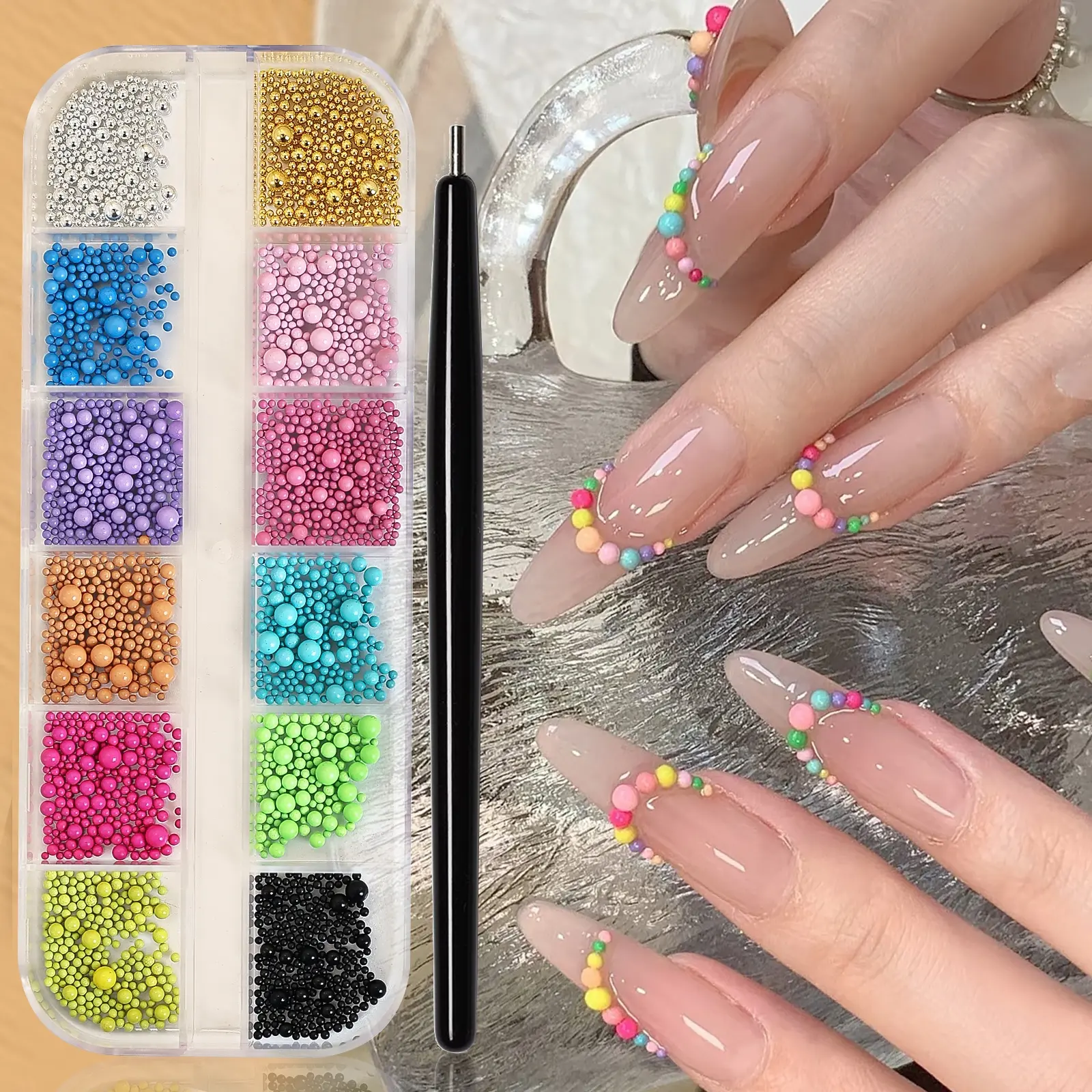 1440pcs Nail Art Color Steel Beads, Magnet Pen Tool, Gold Silver Caviar Beads, 3D Nail Art Decoration, DIY Nail Jewelry Accessories Box