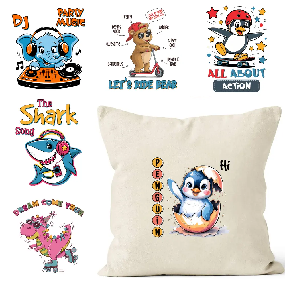 6 Pcs Penguin Hi Iron on Transfers Press Washable Stickers for clothing, T-shirts, jeans, backpacks, hats, pillows. casual style. Washable heat transfer stickers Hoodie DIY Crafts Iron on Decals for T Shirts