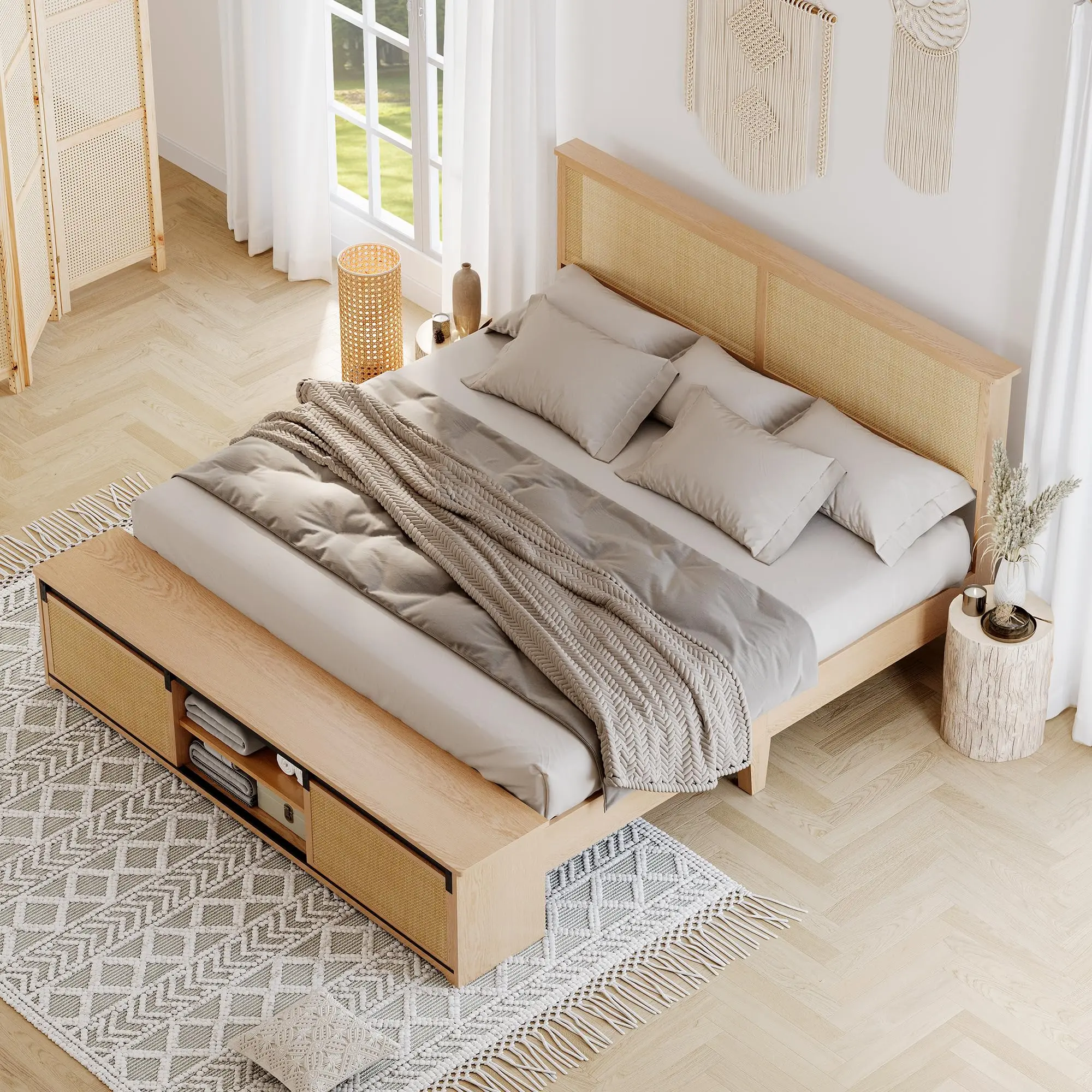 Rattan King Bed Frame with LED Headboard & Sliding Barn Door Storage – Boho Farmhouse Wood Platform, No Box Spring – Ships in Multiple Boxes