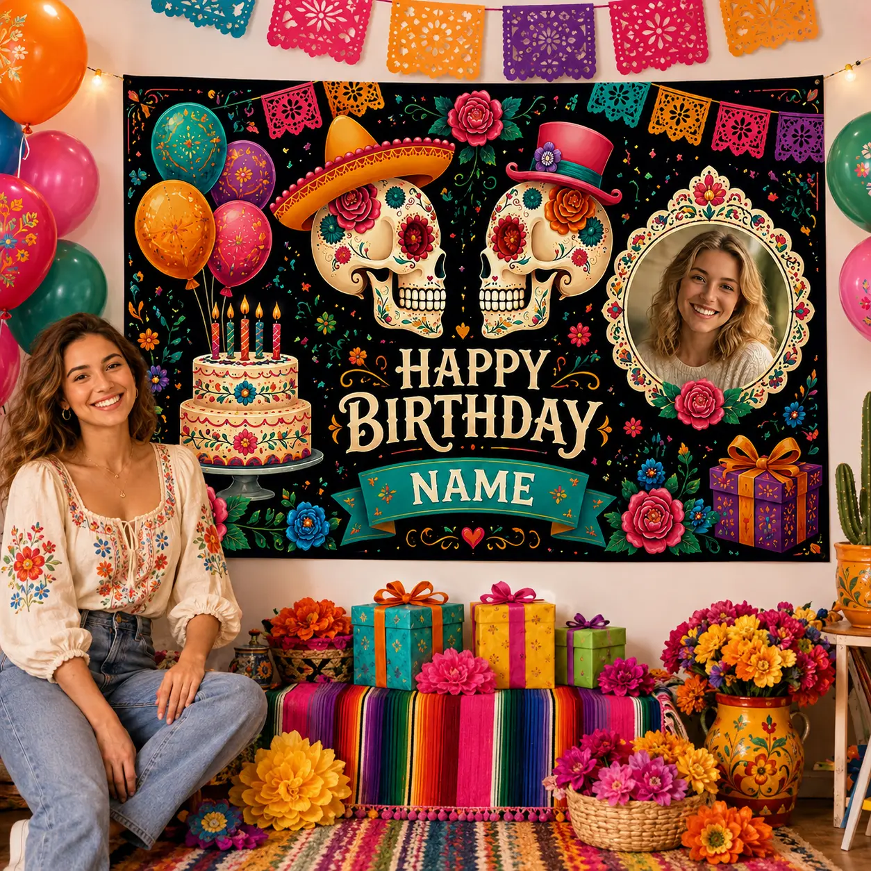 Personalized Fiesta Birthday Backdrop with Custom Photo & Name, Colorful Floral Party Decor
