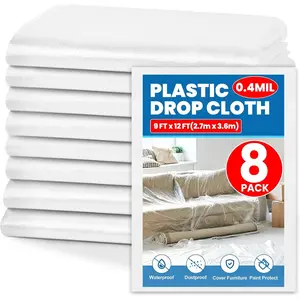 8 Pack Plastic Drop Cloth, 9 x 12  Plastic Sheeting, Painter's Sheeting & Tarps for Painting,  Painters Plastic Tarp for Furniture Cover