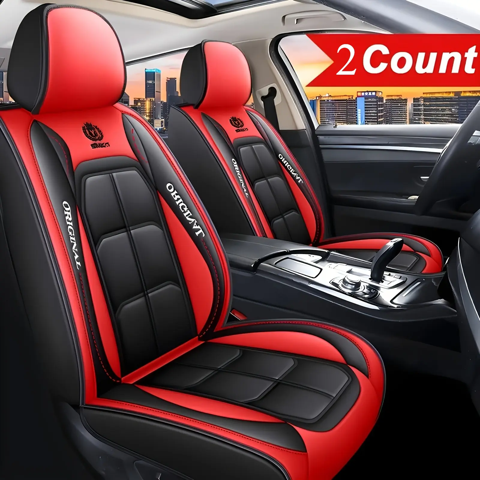 2 pieces car seat covers, Automotive seat covers, advanced PU leather red/black block design, thickened foam filling, easy installation, durable protection All vehicles, comfortable driving accessories, interior upgrades, Car Seat Protectors
