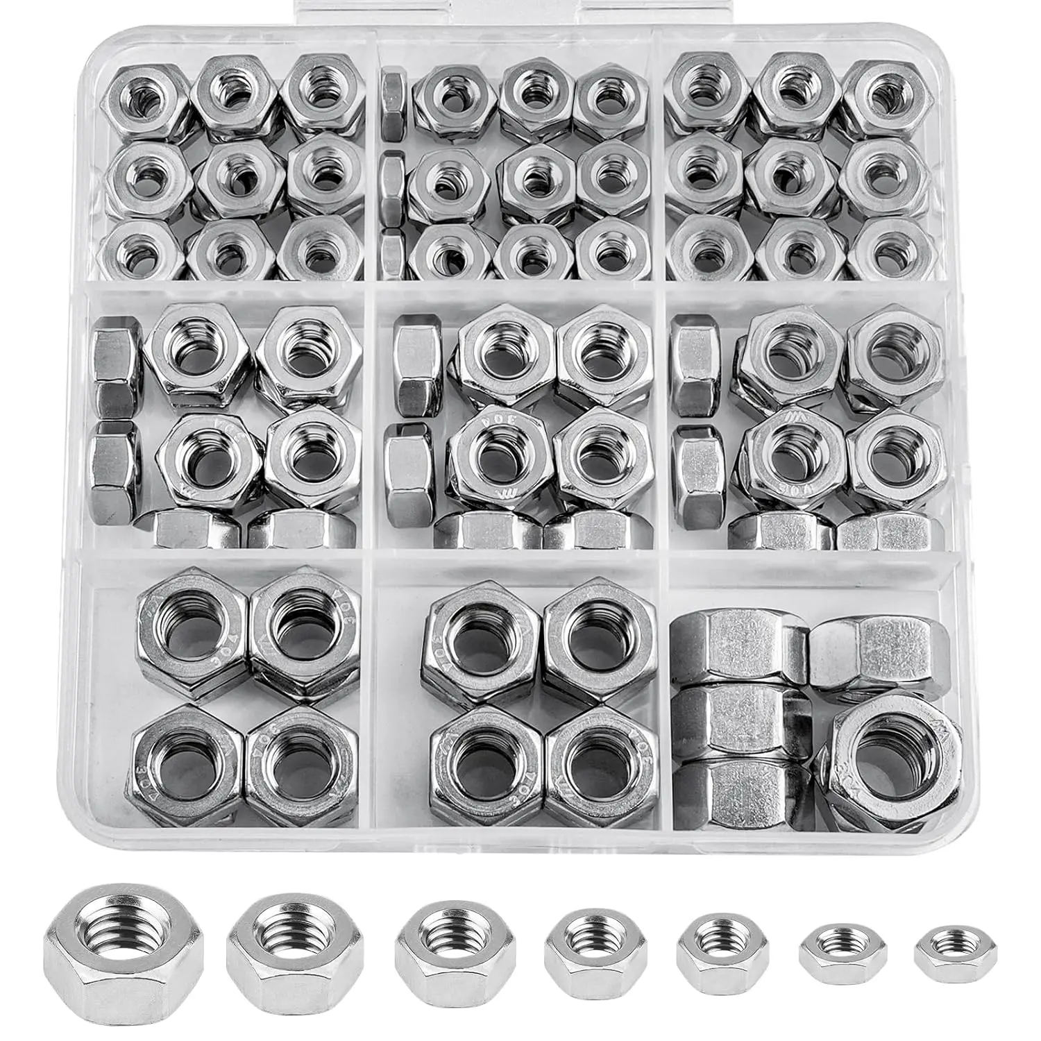 Hex Nuts, 178 Pack #6-32#8-32#10-24 1/4"-20 5/16"-18 3/8"-16 304 (A2-70) Stainless Steel Hardware Nuts,Standard Inch Coarse Thread Nuts
