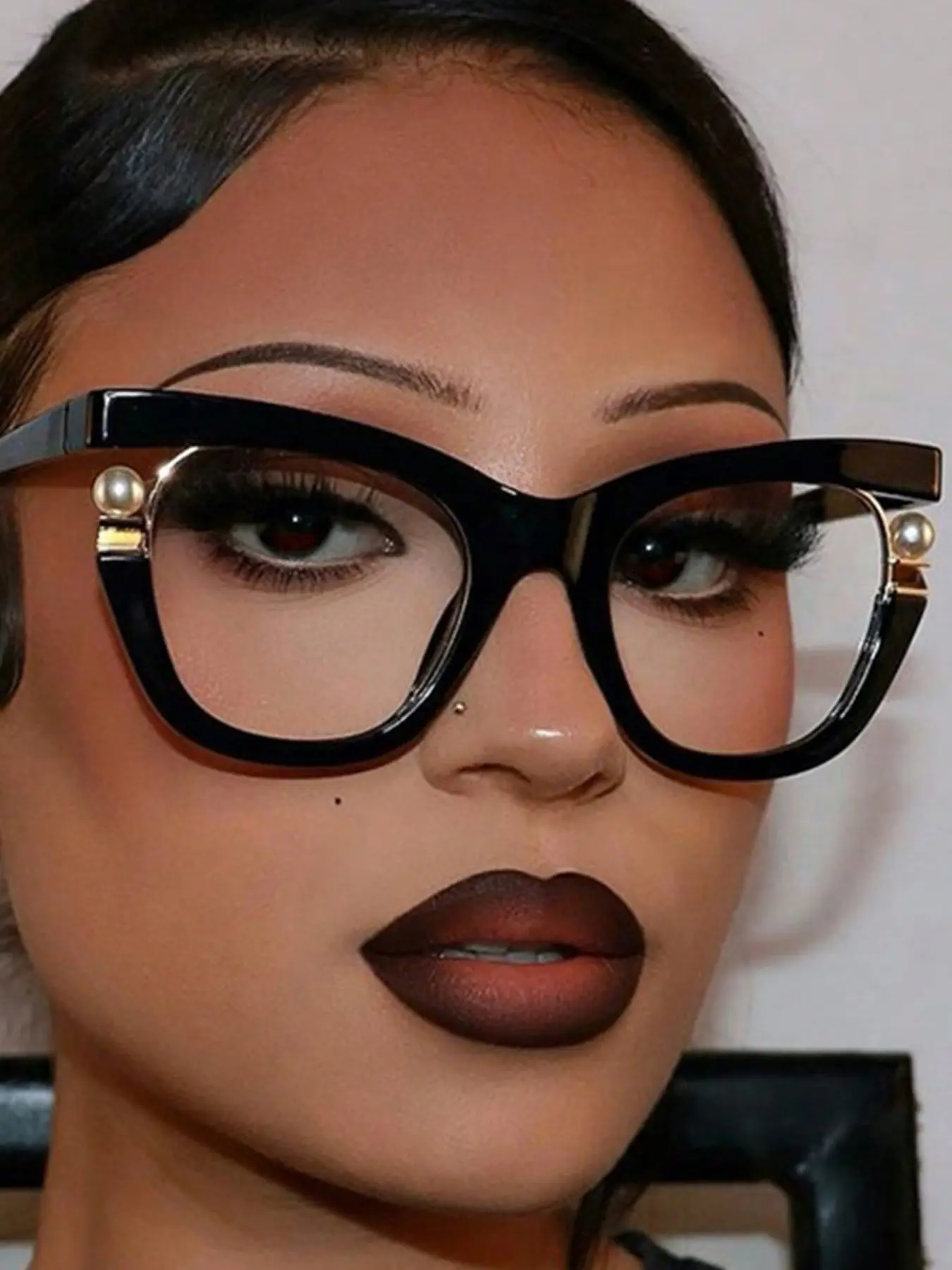 European and American Style Retro Fashion Cat Eye Pearl Blue Light Blocking Glasses, New High-End Trendy Plain Eyeglasses
