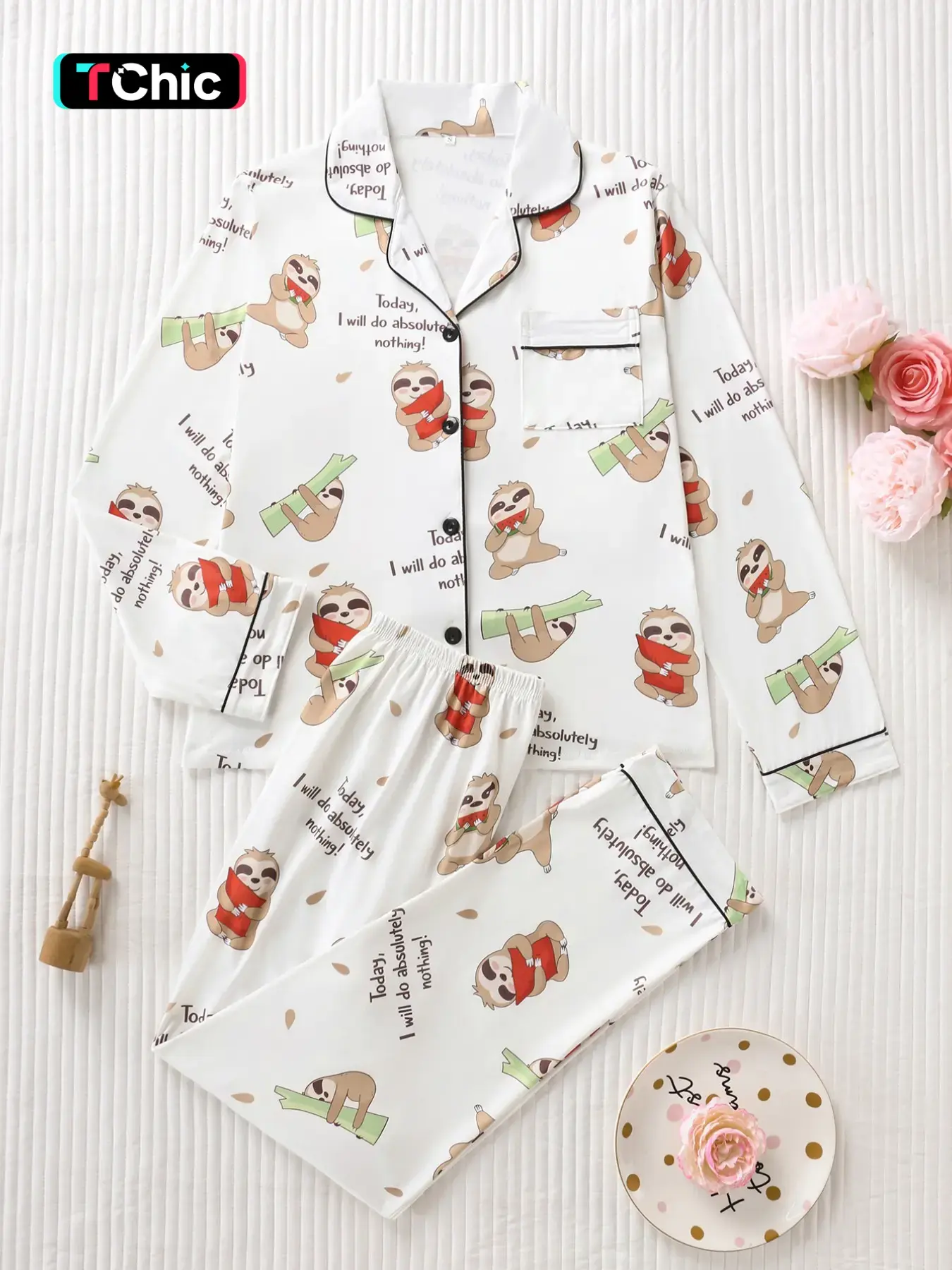 Two-Piece Cartoon Sloth Pajama Set for Women, Soft Comfortable Fabric, Loose Fit Long Sleeve Top and Pants, Cute Lazy Home Wear Loungewear, Lounge Pajamas