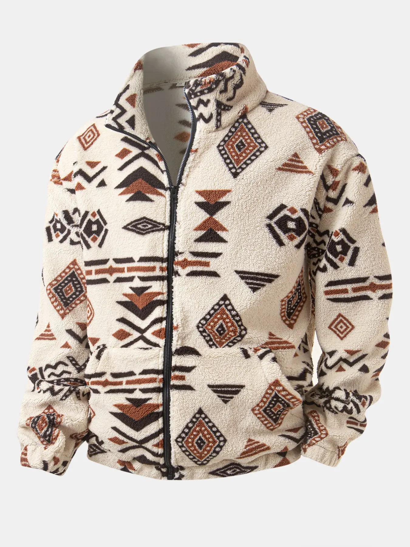 Winter Cozy Fluffy Fleece Jacket for Men, Retro Aztec Tribal Pattern, Zip-Up Stand-Collar Plush Outerwear, Ideal for Travel, Camping, Daily Wear