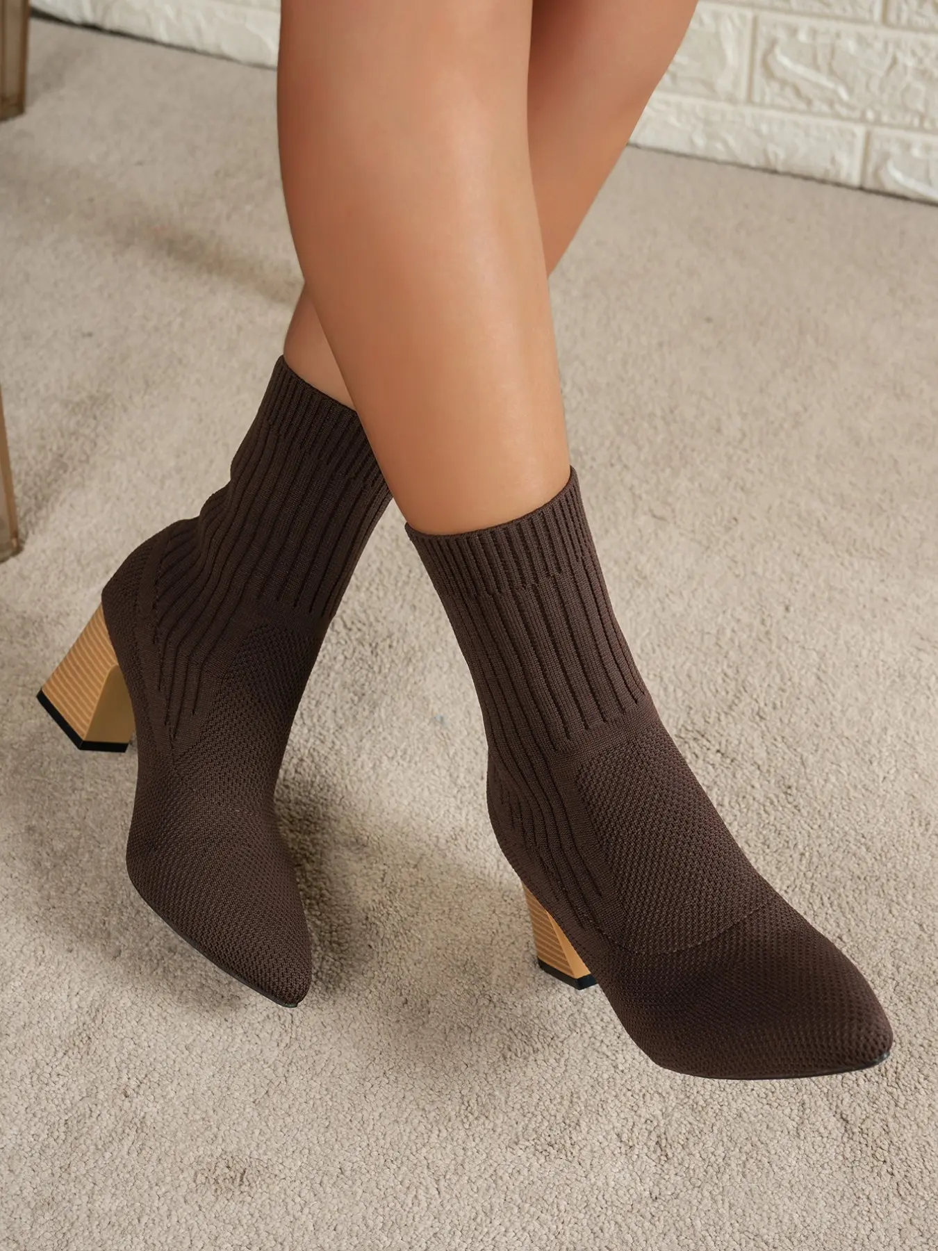 Women's High Heel Knit Mid-Calf Boots, Fashionable Simple Versatile Chunky Heel Elastic Boots, Perfect for Friday/christmas