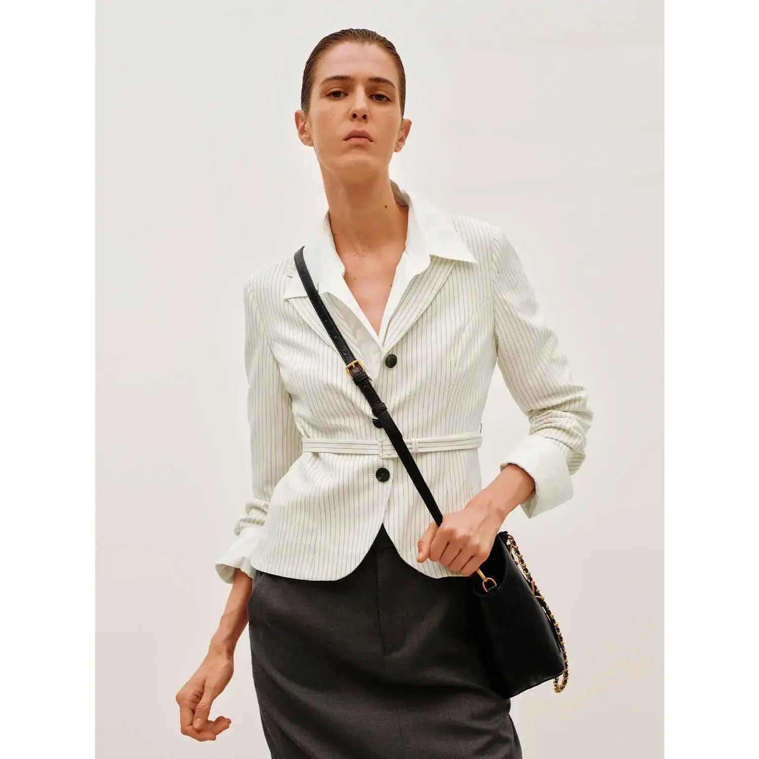 URBAN REVIVO Pinstriped Belted Structured Tailored Blazer