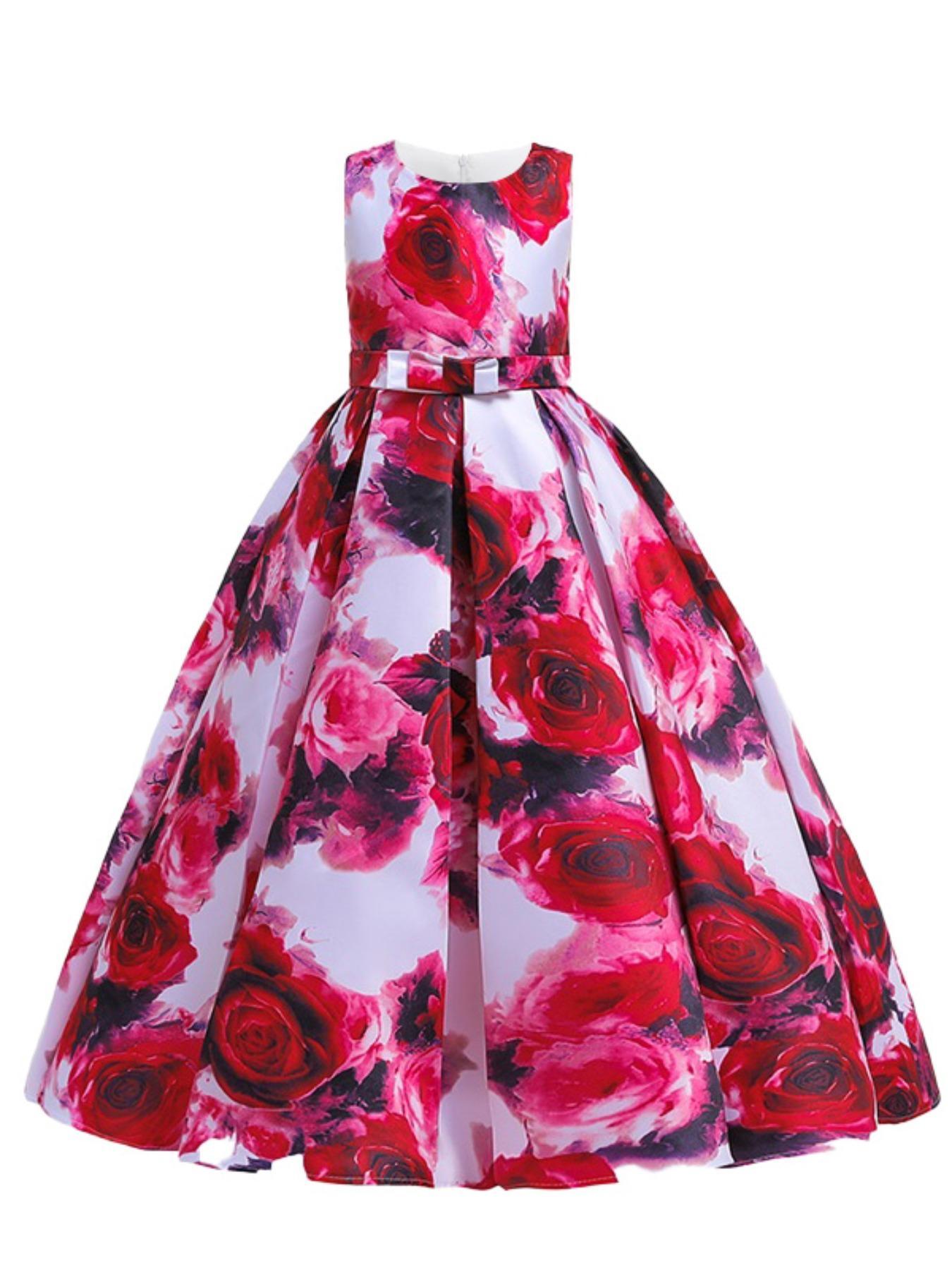 Girl's All Over Floral Print Bow Back Plicated Tank Dress, Elegant Sleeveless Round Neck Maxi Dress for Party Performance Wedding Guest, Floral Printed Dress, Kids Clothes for All Seasons