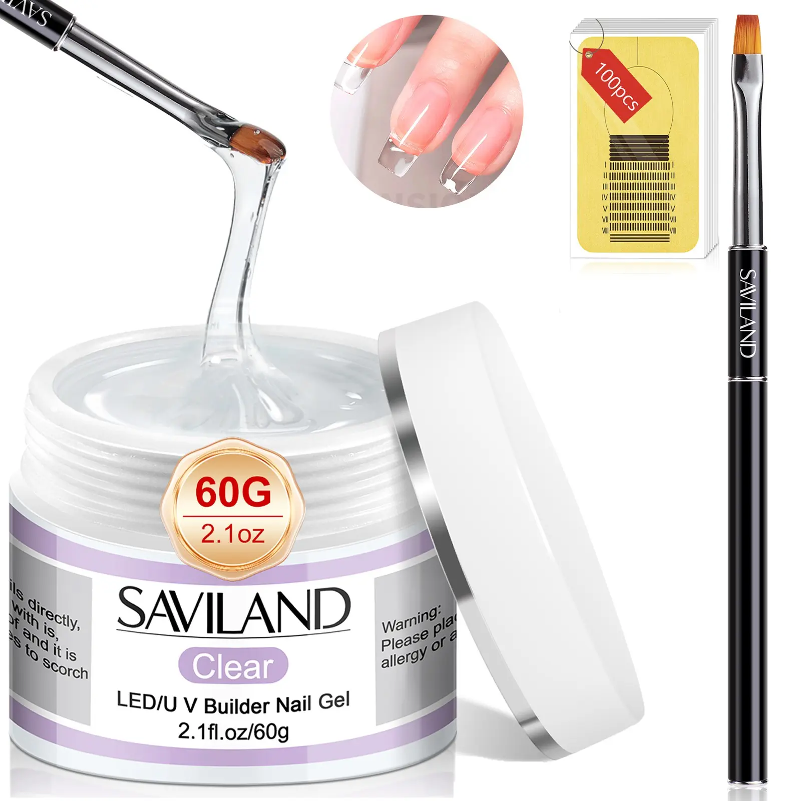 SAVILAND Builder Nail Gel Kit 60g Clear Builder Gel Nails Nail Extension Gel Set Nail Strengthening Nail Art Manicure Set with 100PCS Nail Forms and Acrylic Nail Brush