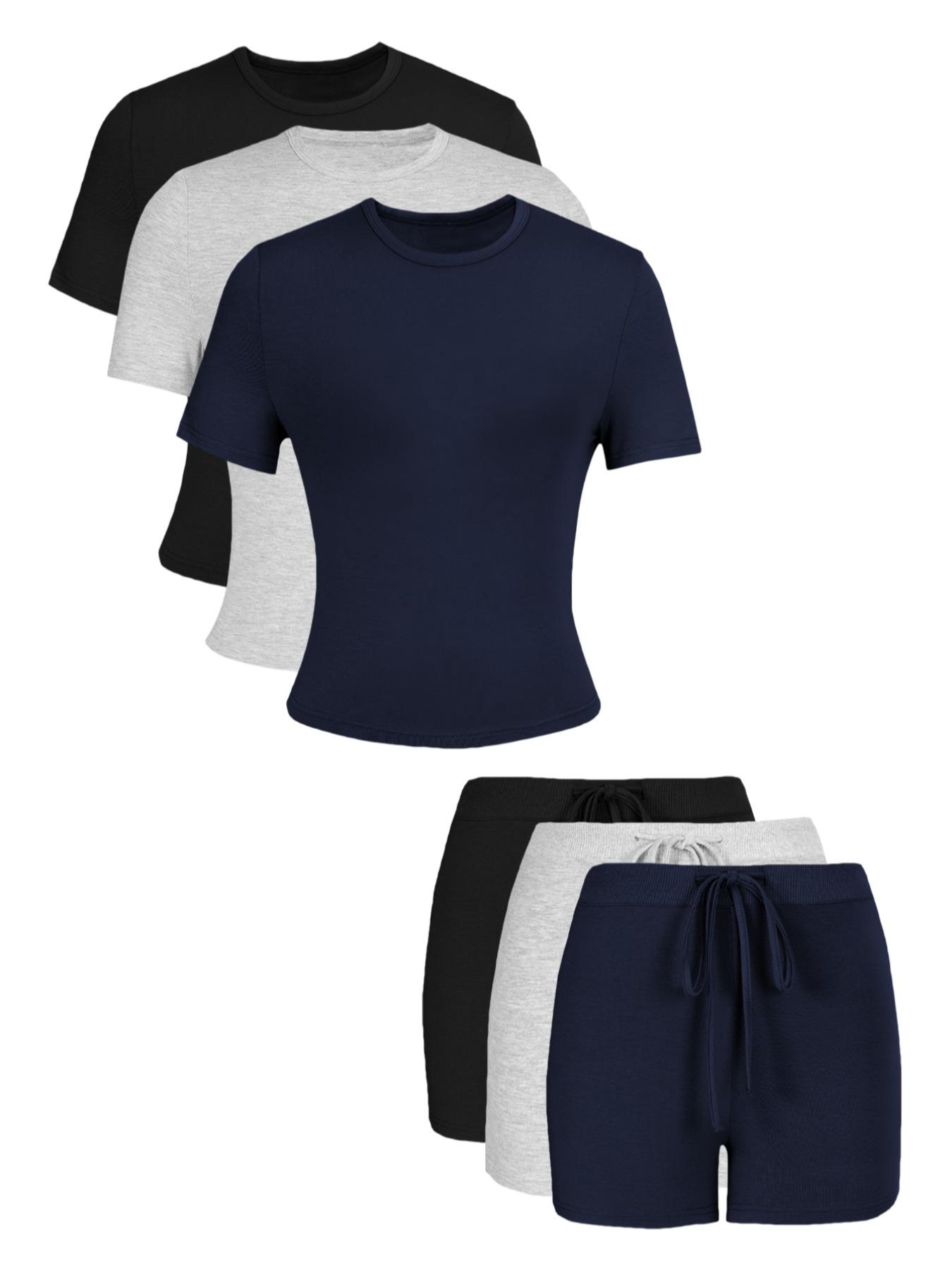 Women's Solid Color Top & Skinny Shorts Breathable Loungewear Set, Casual Comfy Short Sleeve Tee & Shorts Set, Ladies Sleepwear for All Seasons
