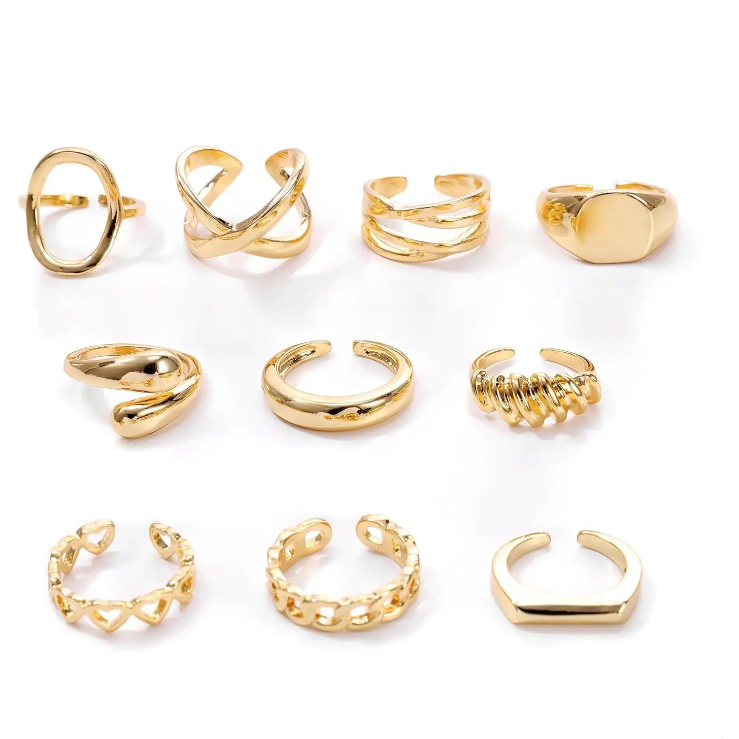 10pcs Chunky Gold Rings For Women Non Tarnish, Stackable Adjustable Rings Set For Teen Womens Dome Braided Twisted Round Signet Open Band Ring Jewelry Accessories Gift Size 6-8
