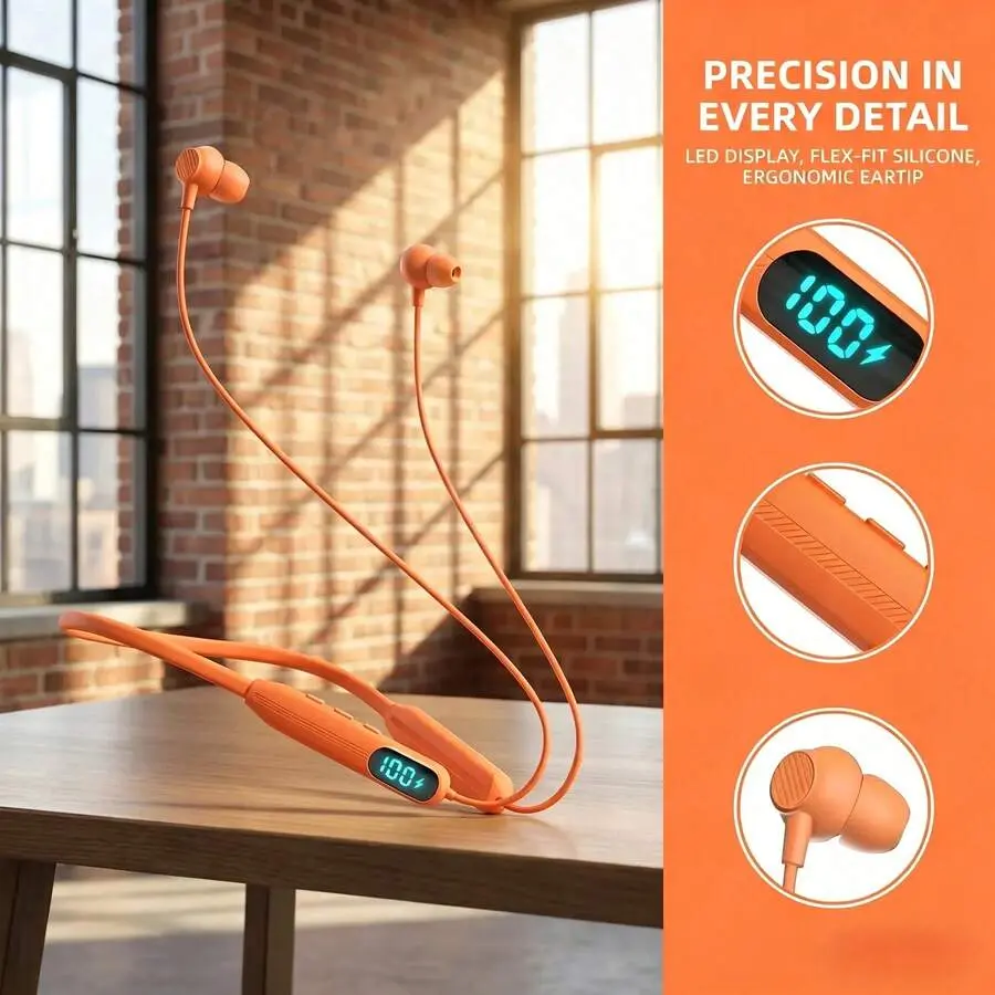 New Orange Neckband Wireless Headphones, 5.4 LED Battery Display, Noise Reduction, Type-C Fast Charging, Soft Silicone Lightweight Earphones Commute Gym Office Travel, Holiday HNV5