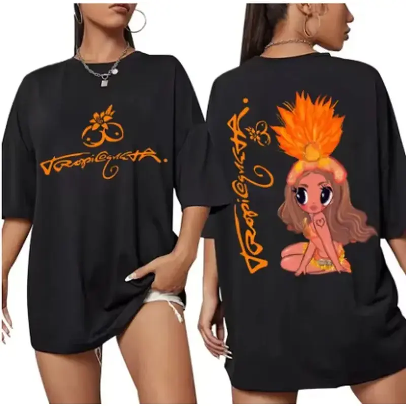 Women's  Tropical T Shirt, 100% Cotton Island Top with Hula Girl Print, Breathable Casual Everyday Black Tee, Tops,  Tshirt Women