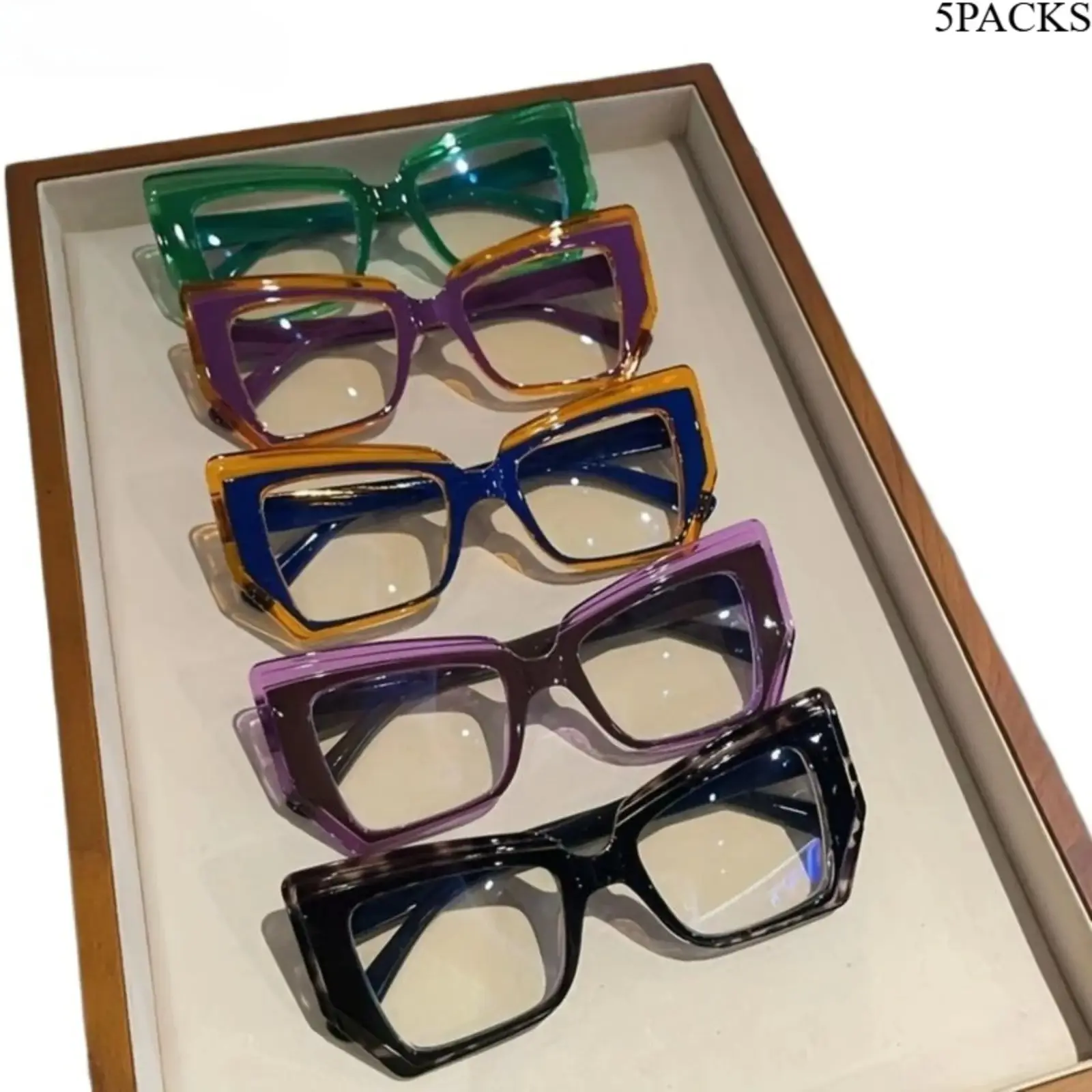 Retro cat-eye glasses, 5-piece set. Large polygonal frame. Colorblock design. Inspired by French oil paintings. Simple and stylish. Non-prescription glasses. Suitable for casual and formal occasions.