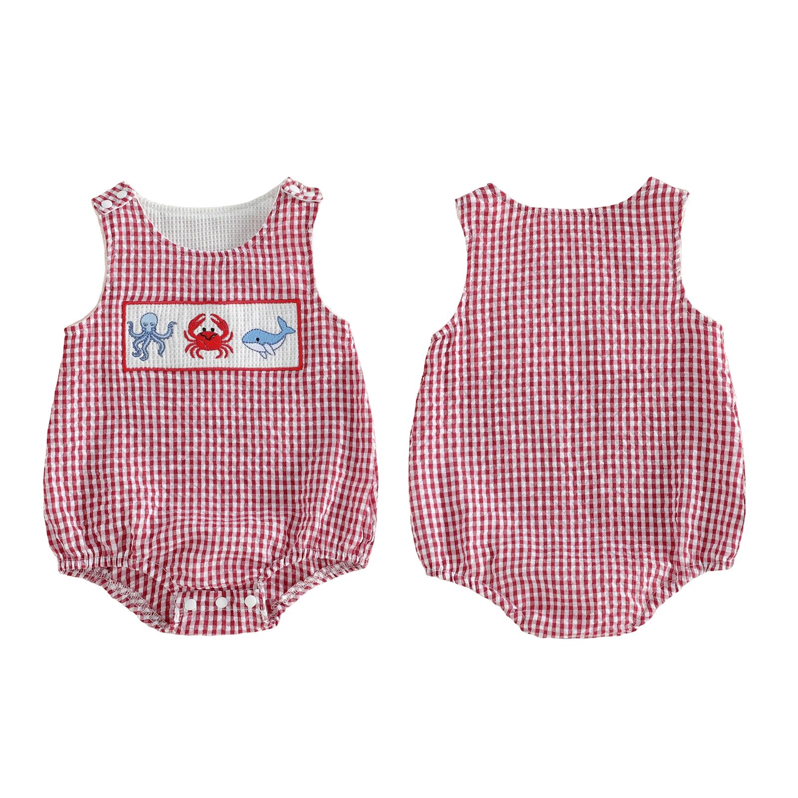 Baby Boy Bubble Romper Sailboat/Sea Animal Overalls Sleeveless Gingham Plaid Bodysuit Vacation Summer Outfit