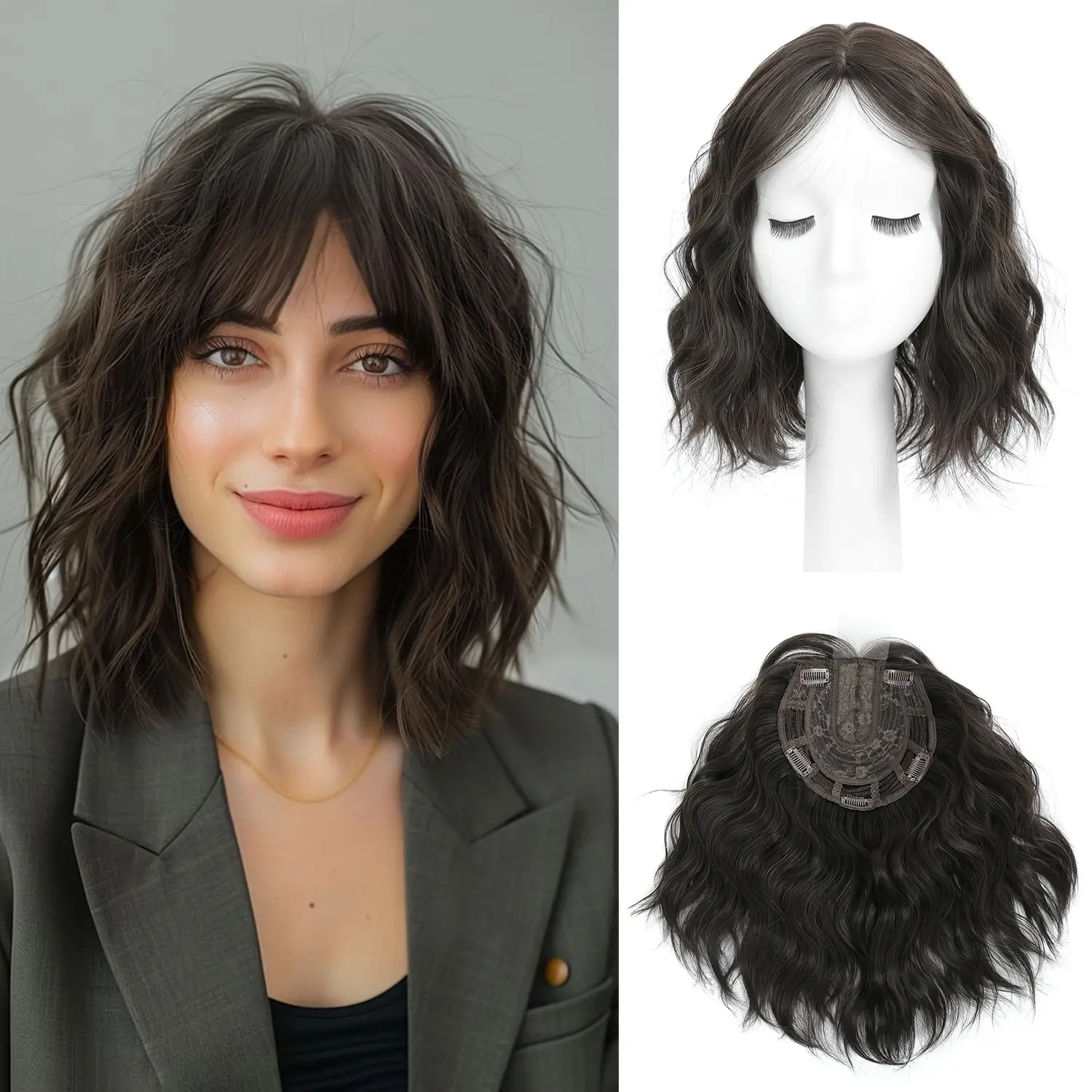 Front lace wavy synthetic wig, short curly hair, corn perm hairpiece