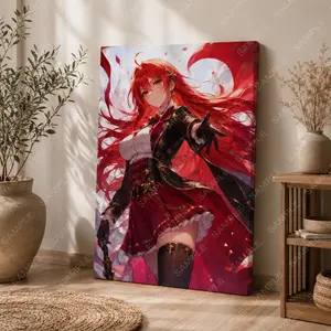 Red-Haired Anime Girl in Victorian Outfit Vertical Canvas Wall Art, Elegant Fantasy Poster, Home Decor for Bedroom Living Room Aesthetic Space, Available as Unframed Canvas Poster or Framed Canvas Wrap