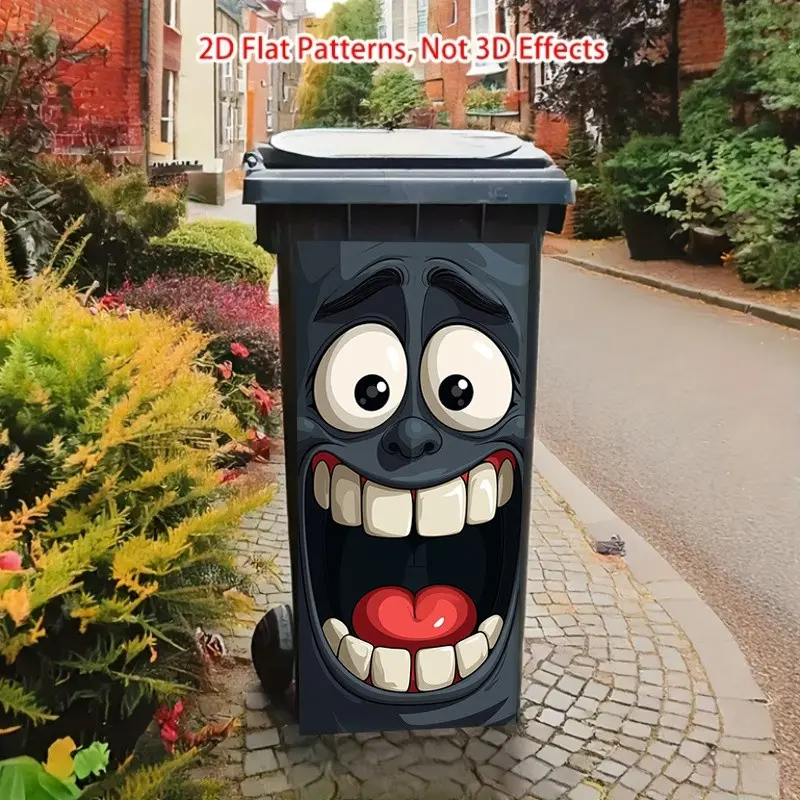 2D Flat Printing Trash Can Sticker, Fun Wide-Eyed Grinning Face, Matte Surface Decal, Indoor & Outdoor, Modern Home Decoration, Funny Stickers