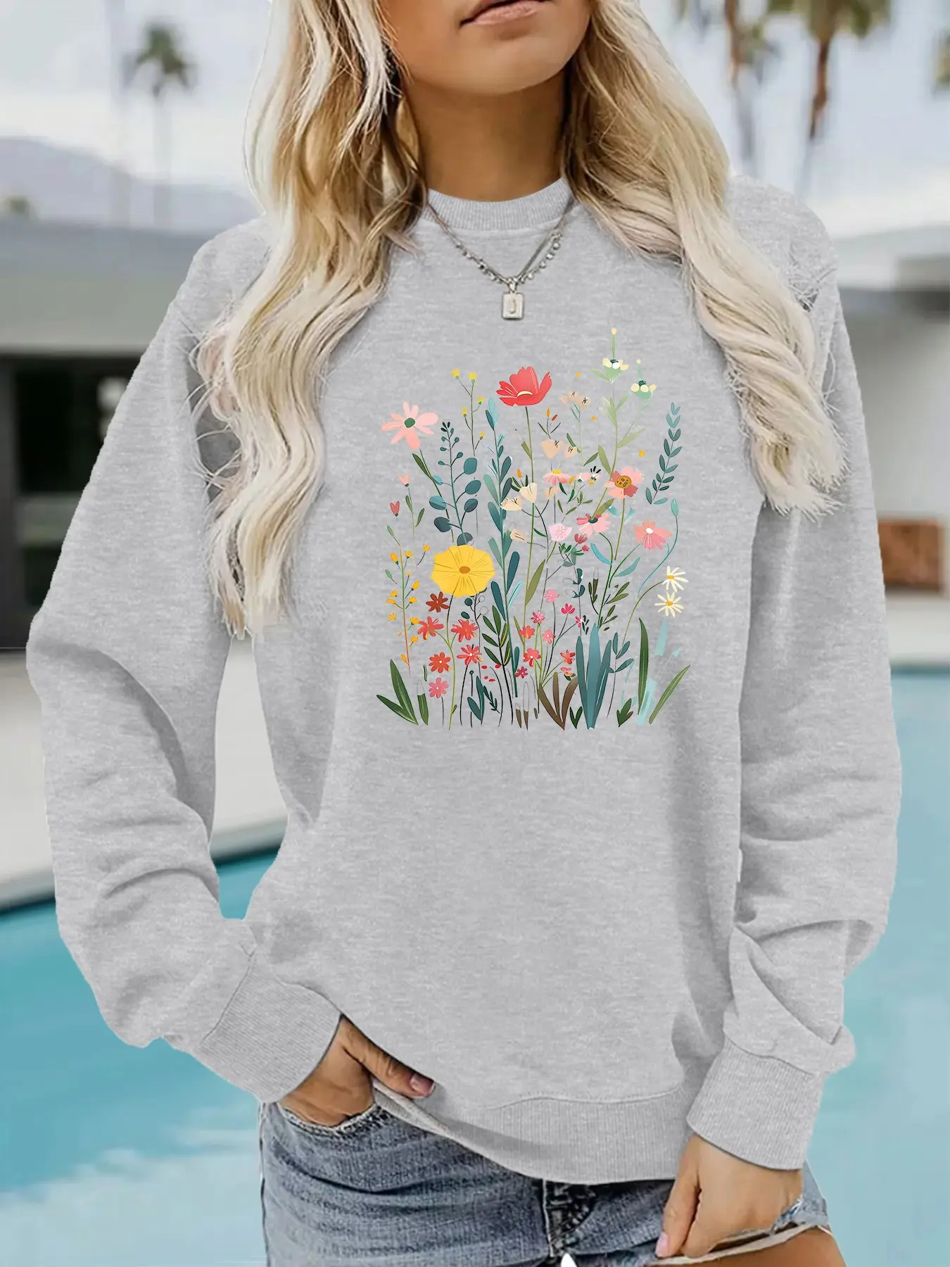Women's Bohemian Wild Herb Floral Print Round Neck Fleece Sweatshirt, Casual Long Sleeve Loose Fit, All Season Comfort