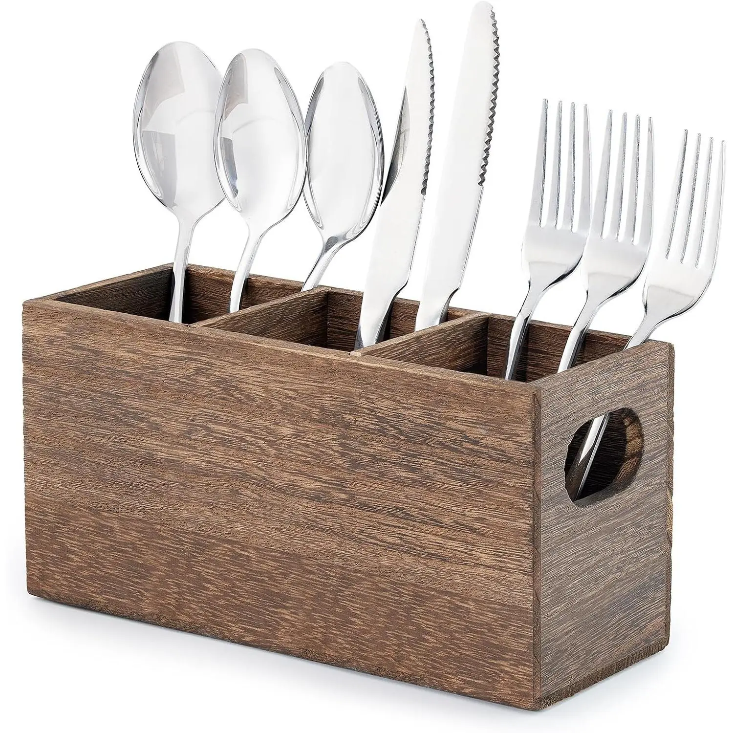 Wooden Silverware Holder, Kitchen Utensil Caddy with 3 Compartments, Cutlery Storage Organizer Countertop, Flatware Organizer for Party, Spoon, Fork Holder