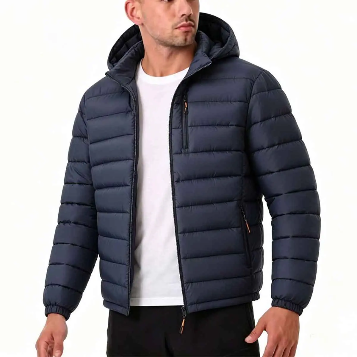 Men's lightweight hooded down jacket, warm quilted zipper jacket, wind resistant solid color foldable padded jacket, casual warm hooded winter jacket with zipper pocket, fashionable daily outdoor hiking cold weather lightweight jacket for autumn and winte