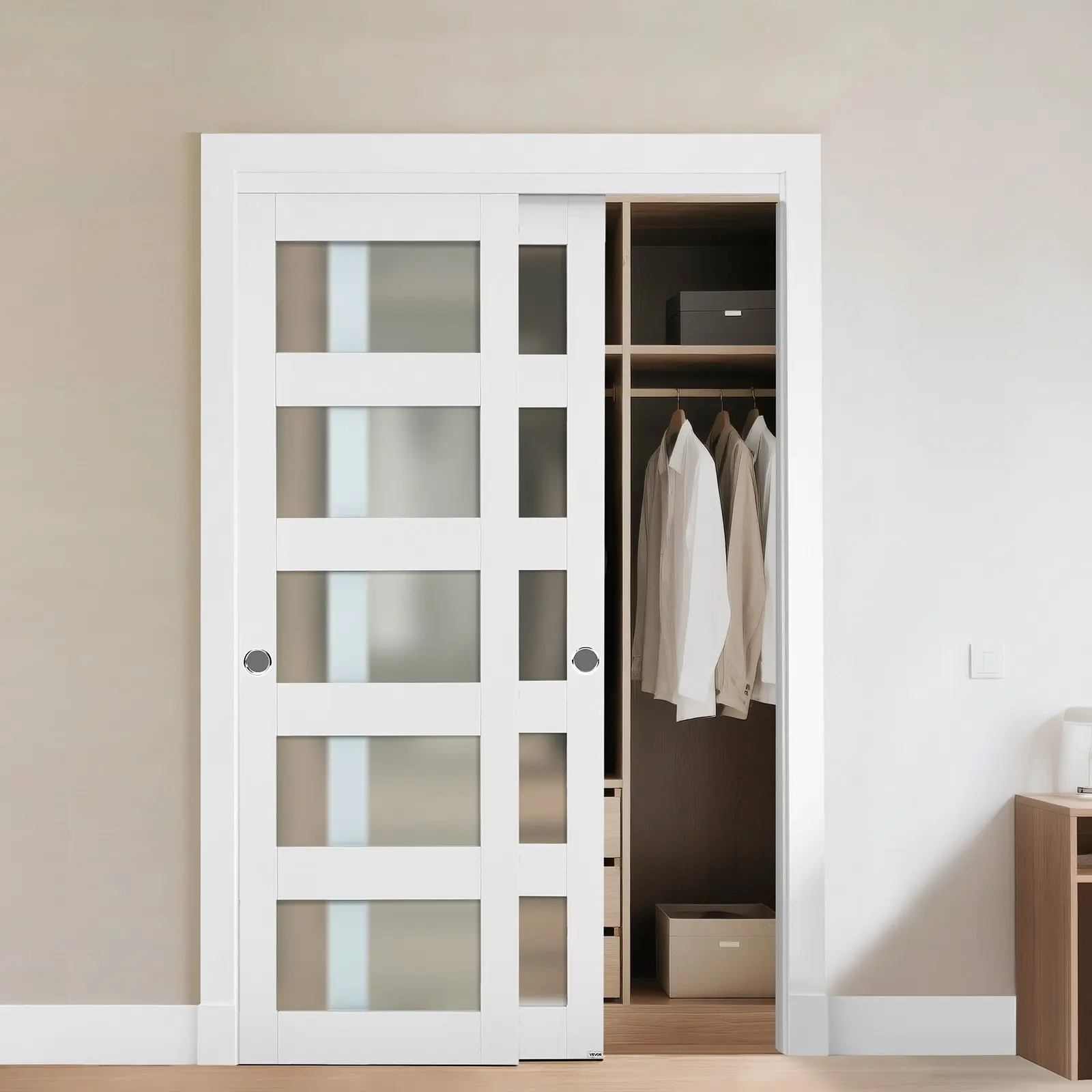 VEVOR 5-Lite Frosted Glass Bypass Sliding Closet Door, 48"(Double 25")x80", Solid Wood MDF Slab with Waterproof PVC Surface, Hardware Kit & Floor Guide Included for Closets, Bedrooms, Sliding Door