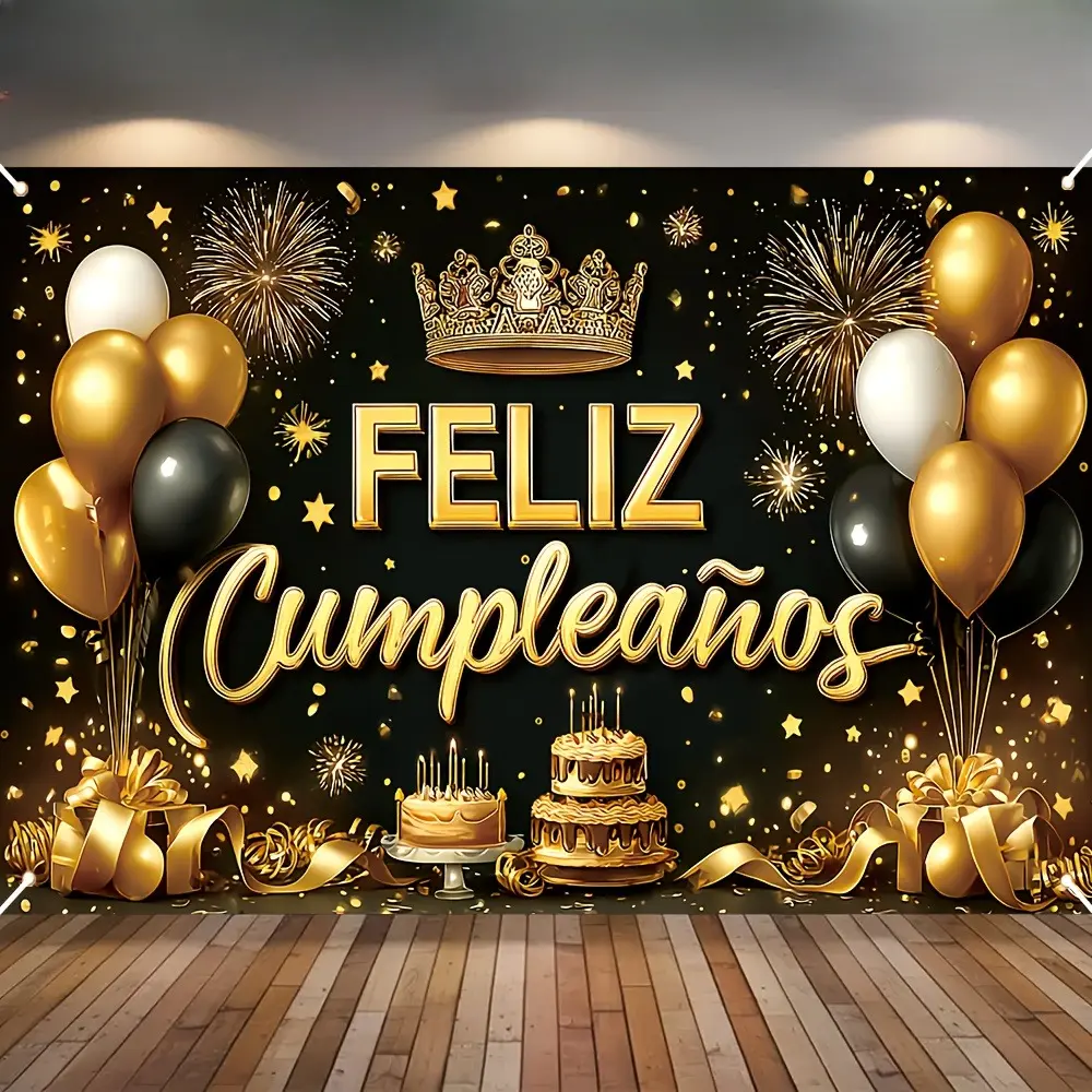 Black Gold Happy Birthday Party Theme Backdrop Banner, Elegant Synthetic Foldable Fabric Tapestry Wall Hanging, Multi-Size Prints Photography Background for Indoor-Outdoor Anniversary Wedding Studio Photo Booth Decor