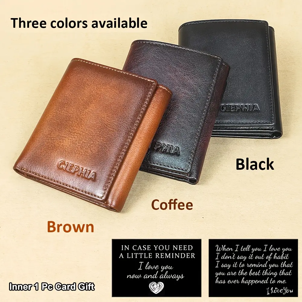 Gift set with blessing cards, men's leather wallet with foldable ID window, top-layer leather RFID-blocking vintage multifunctional ID and credit card holder, a gift for him on Valentine's Day, Christmas, or Father's Day