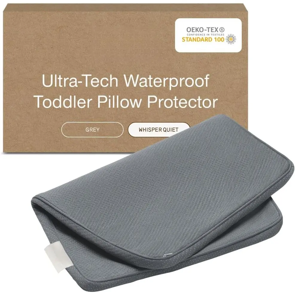 Ultra-Tech Toddler Pillow Protector Grey for Memory Foam Pillows, Waterproof, Toddler Size Pillow Covers, Oeko-Tex Certified, Breathable, Zippered Covers, Machine Washable