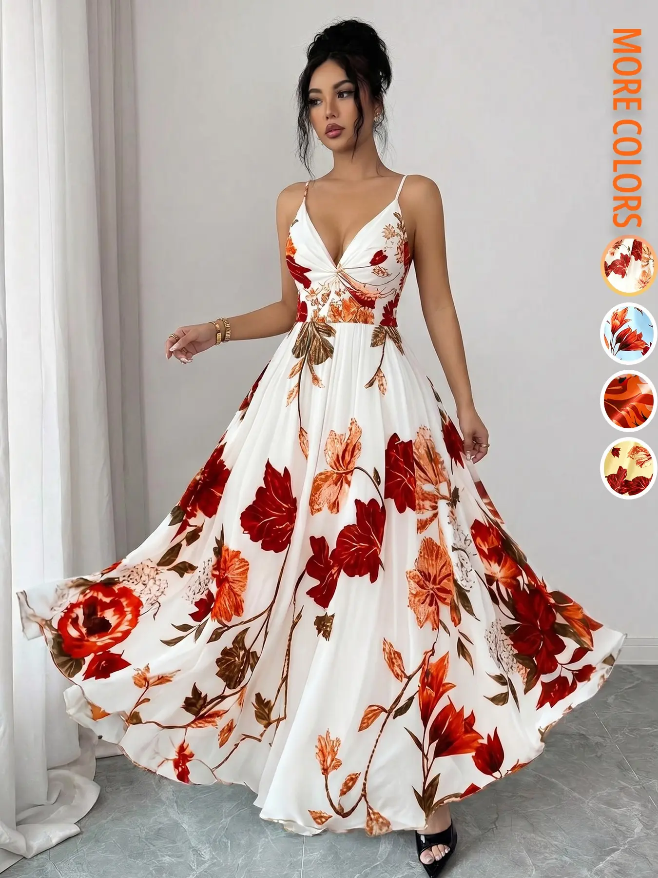 Women's Summer Floral Print Spaghetti Strap Maxi Dress, Cinched Waist Backless Sexy Elegant Boho Sundress for Beach Vacation Concert Casual Outfit