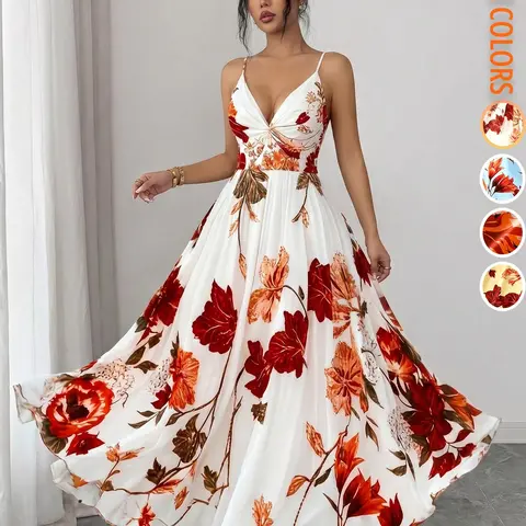 Women's Summer Floral Print Spaghetti Strap Maxi Dress, Cinched Waist Backless Sexy Elegant Boho Style Dress for Beach Vacation Concert Casual Outfit