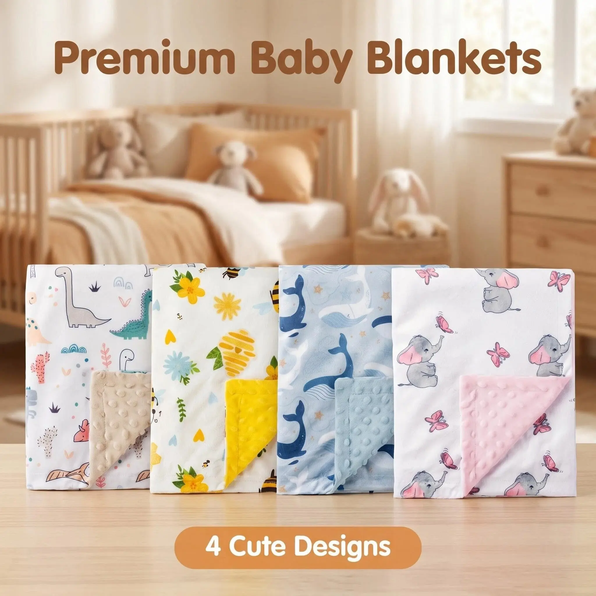 1 Pack Newborn Swaddle Blanket, Cute Animal Printed Plush Dot Fleece Baby Receiving Wrap, Soft Skin Friendly Infant Printed Cover Blanket, Machine Washable & Hand Washable, 4 Optional Patterns for Toddler Home Daily Use