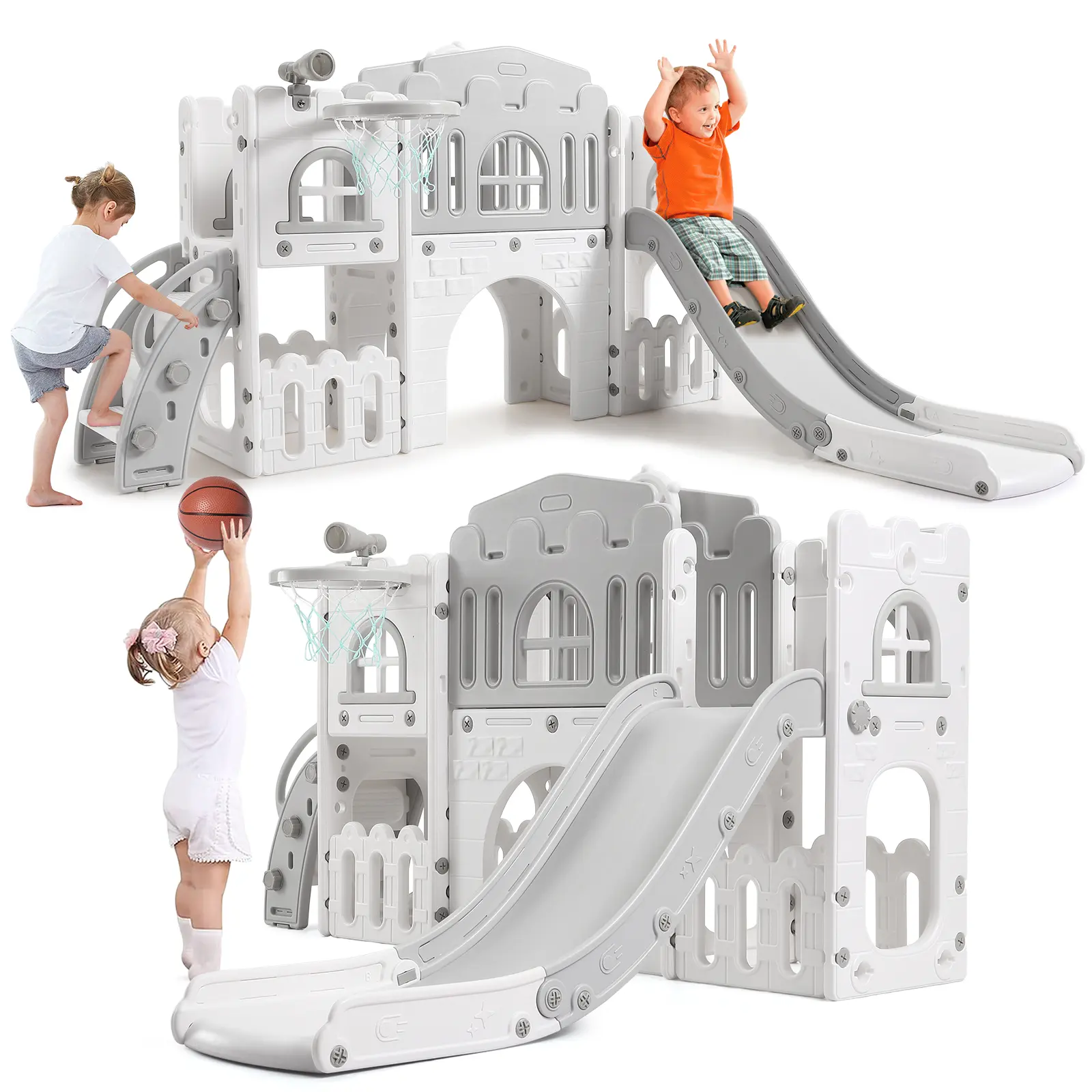 Toddler Climber and Slide Set - HDPE Kids Castle Play Toy with Basketball Hoop, Steering Wheel & Telescope for Indoor Backyard Playground