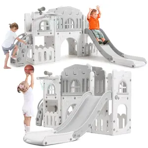 Toddler Climber and Slide Set - HDPE Kids Castle Play Toy with Basketball Hoop, Steering Wheel & Telescope for Indoor Backyard Playground