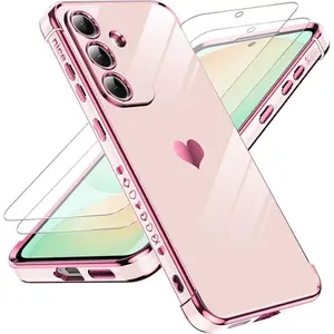 LeYi for Samsung Galaxy S25-FE Case: [   ] Screen Protector [2 Pcs] + Full Camera Lens Protection,Love Heart Plating Luxury Cell Android Basic Funda para S25FE S 25 FE,Pink