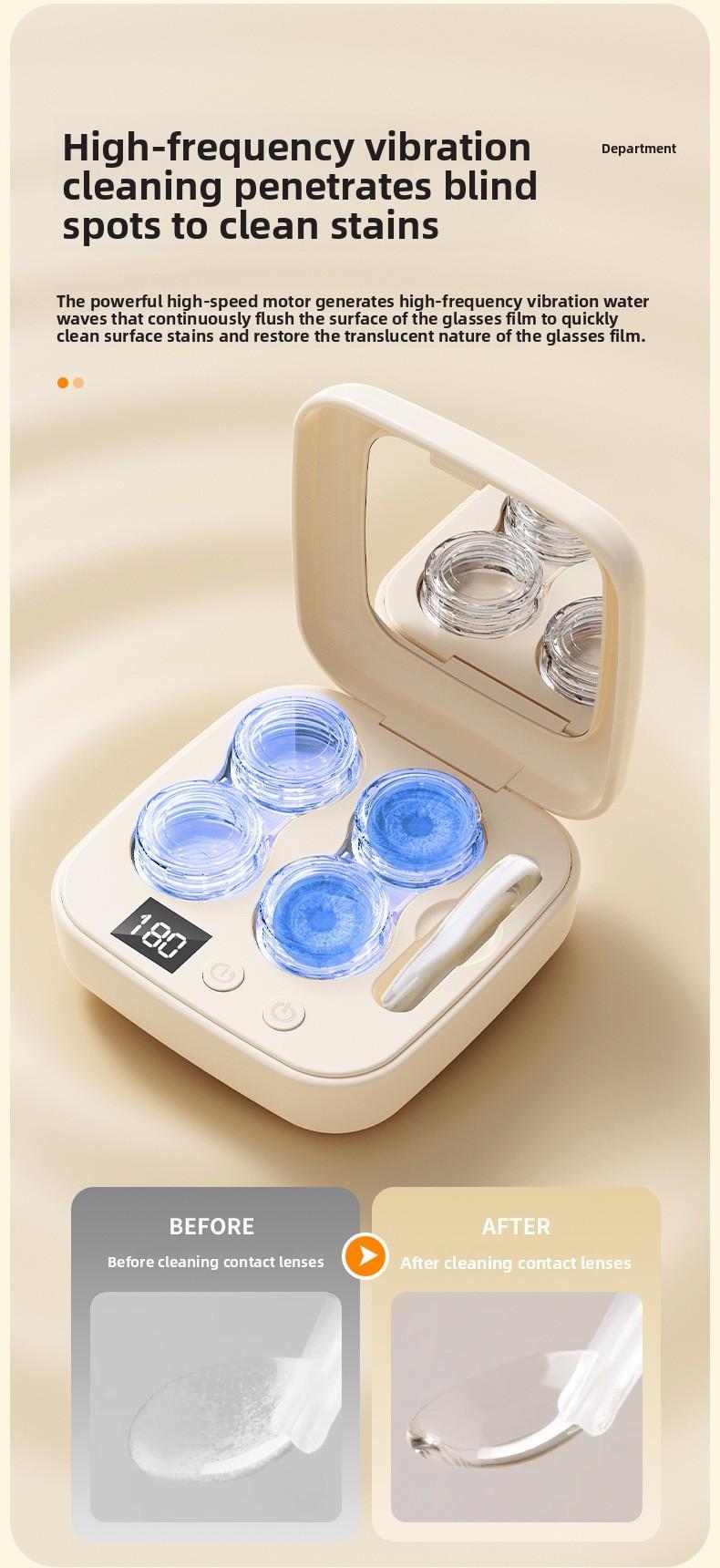 Ultrasonic Contact Lens Cleaner Rechargeable with Vanity Mirror - Portable Compact Case Hard & Soft Lens Compatible, 3 Deep Cleaning Modes, On-the-Go Daily Care Sanitizer for Travel Sports Office Home Use