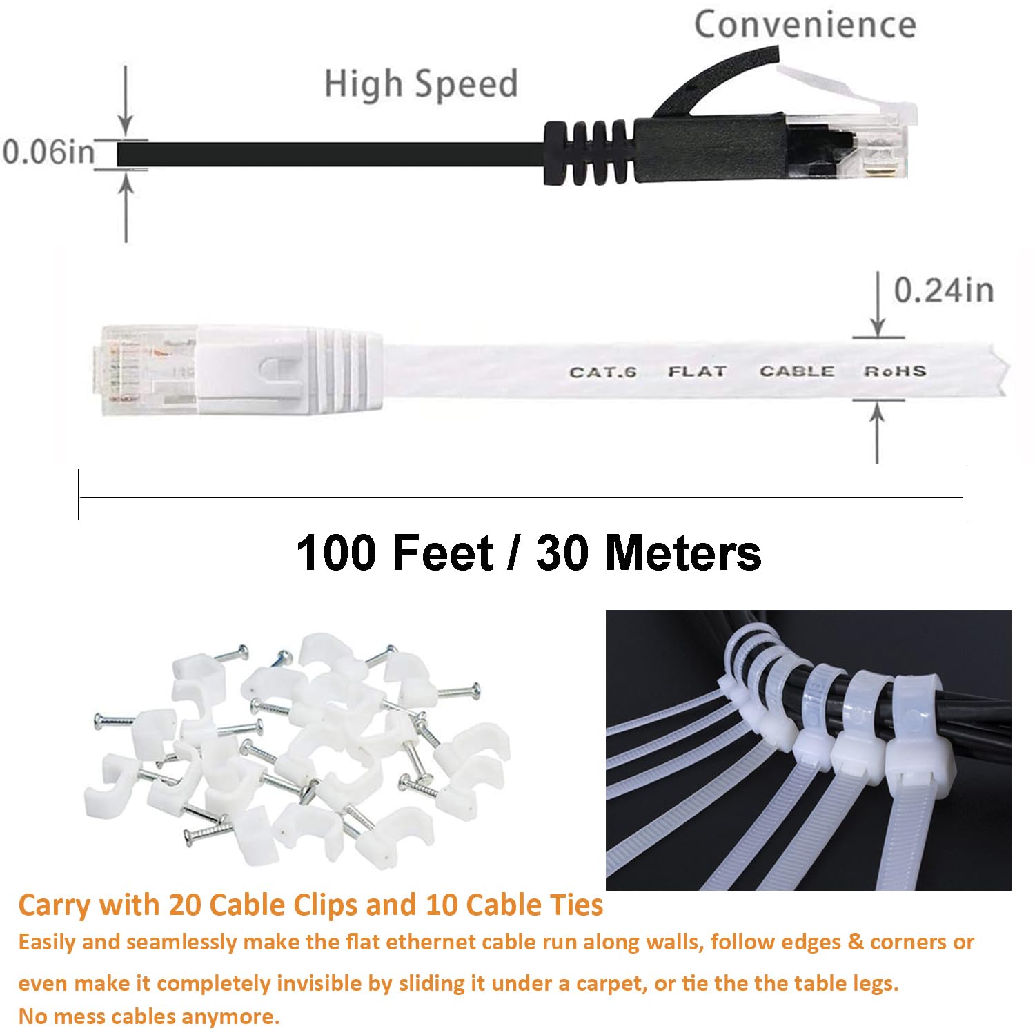 Ethernet  100 ft 2 Pack  6 Flat  Ethernet Cord, Slim Long Cat6 High Speed Computer Router Network LAN Patch Wire with Clips & Rj45,Faster Than Cat5e/Cat5,100  White+Black