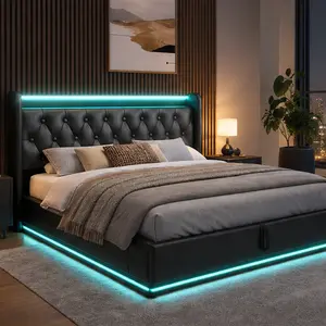ARCH Full Size Upholstered Bed Frame with 360 LED Lights, Hydraulic Storage, USB-C Charging, Tufted Headboard, PU Leather, Black, No Box Spring Needed, for Bedroom, Single Box, Full Size Options, Black Color Options, PU Material, Product Dimensions: