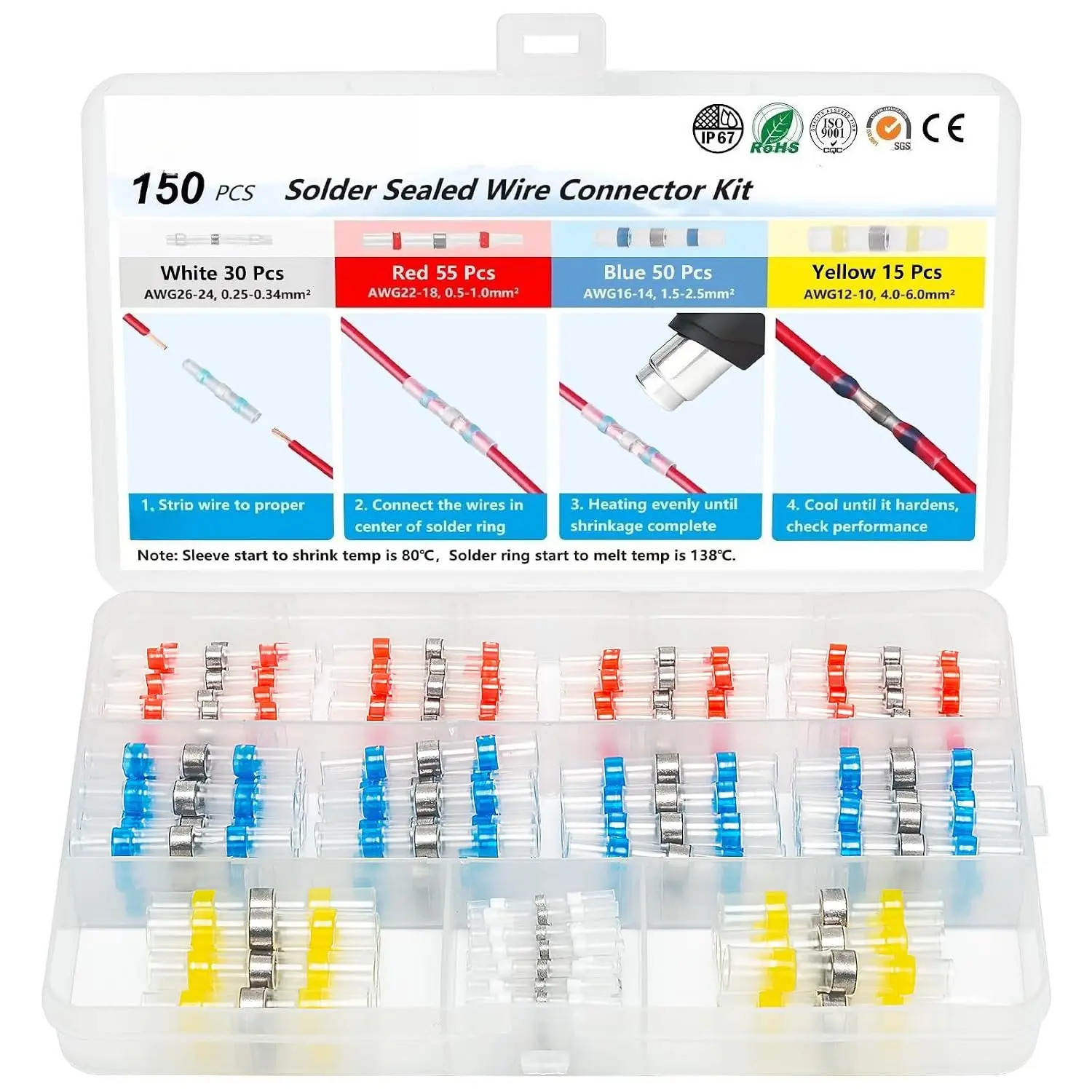 150-Count Self-Soldering Solder Seal Wire Connectors Kit, 26-10 AWG Gauge Insulated Wires Sealed Heat Shrink Splice Electrical Terminals for Marine Users, Automotive Applications