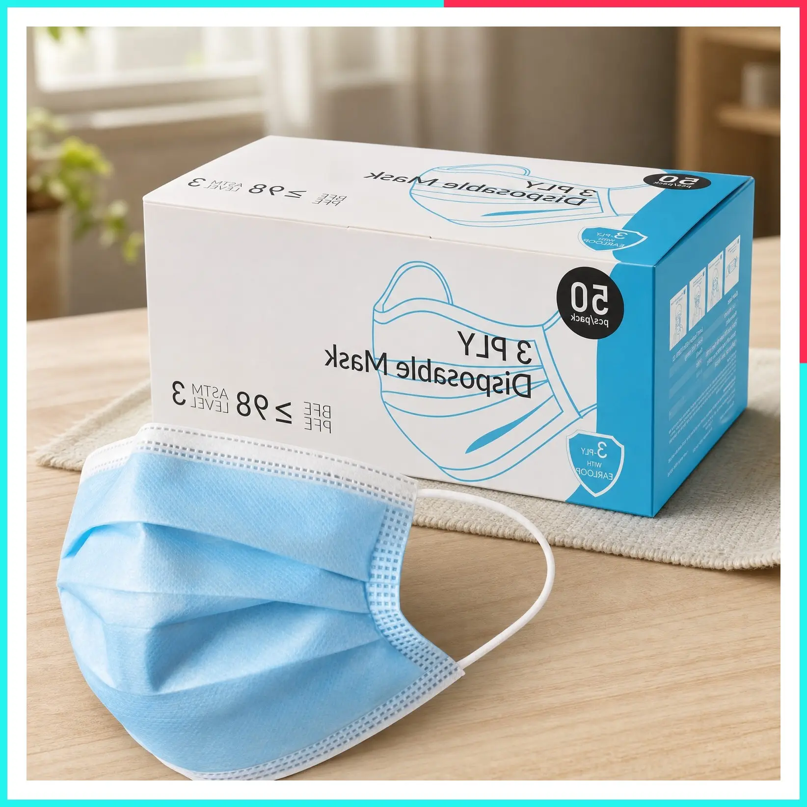 FDA Cleared ASTM Level 3 Procedure Face Masks, Made in USA, ≥98% Filtration, Fluid Resistant, 3-Ply Ear Loop, 50 Pack